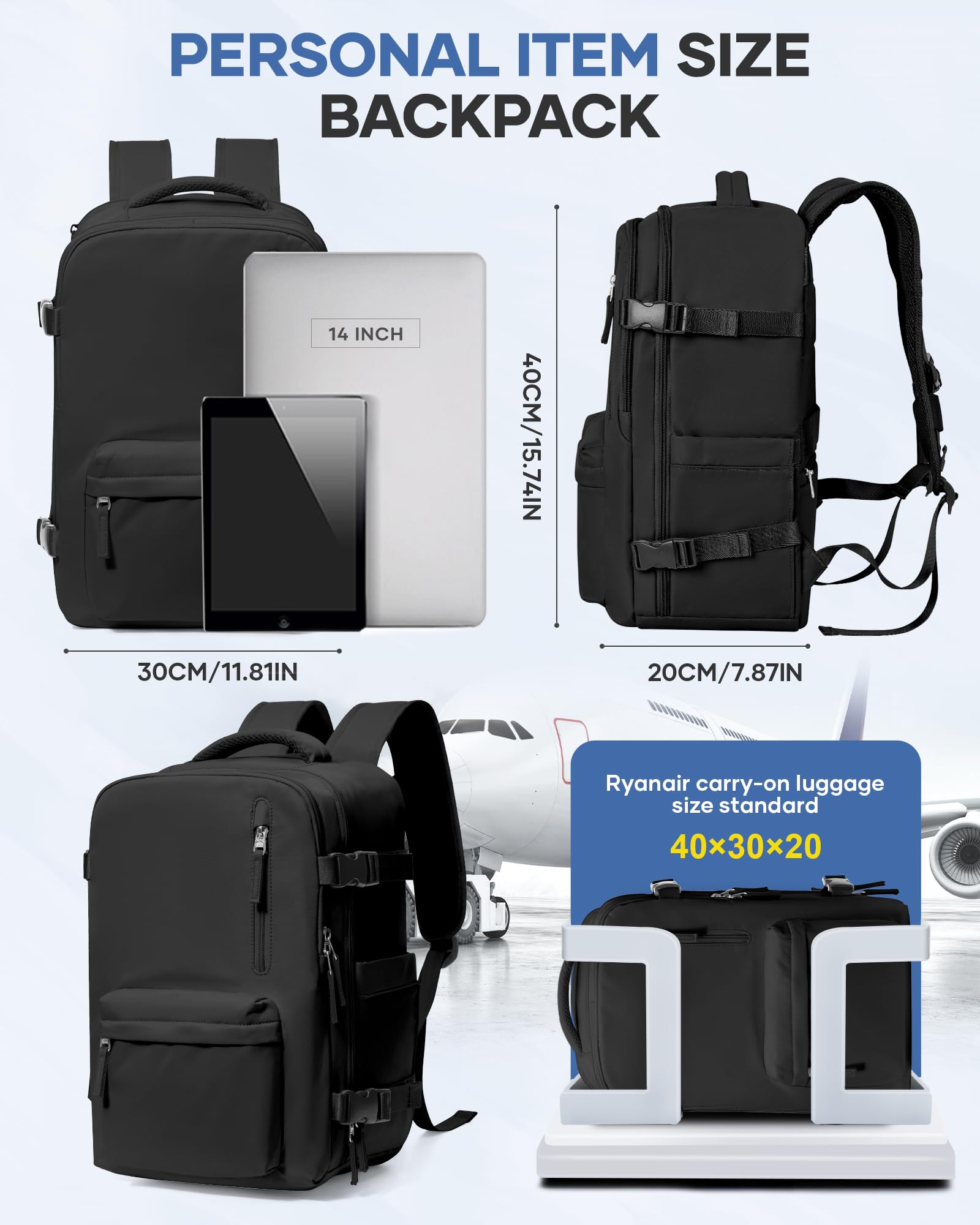 BJLFS Zaino Ryanair 40x30x20 Sottovuoto con Pompa Zaino da Viaggio Ryanair | Borse da Cabina per Ryanair con Tasca Antifurto Bagaglio a mano Easyjet Sottovuoto Impermeabile Zaino Laptop 16 Pollici