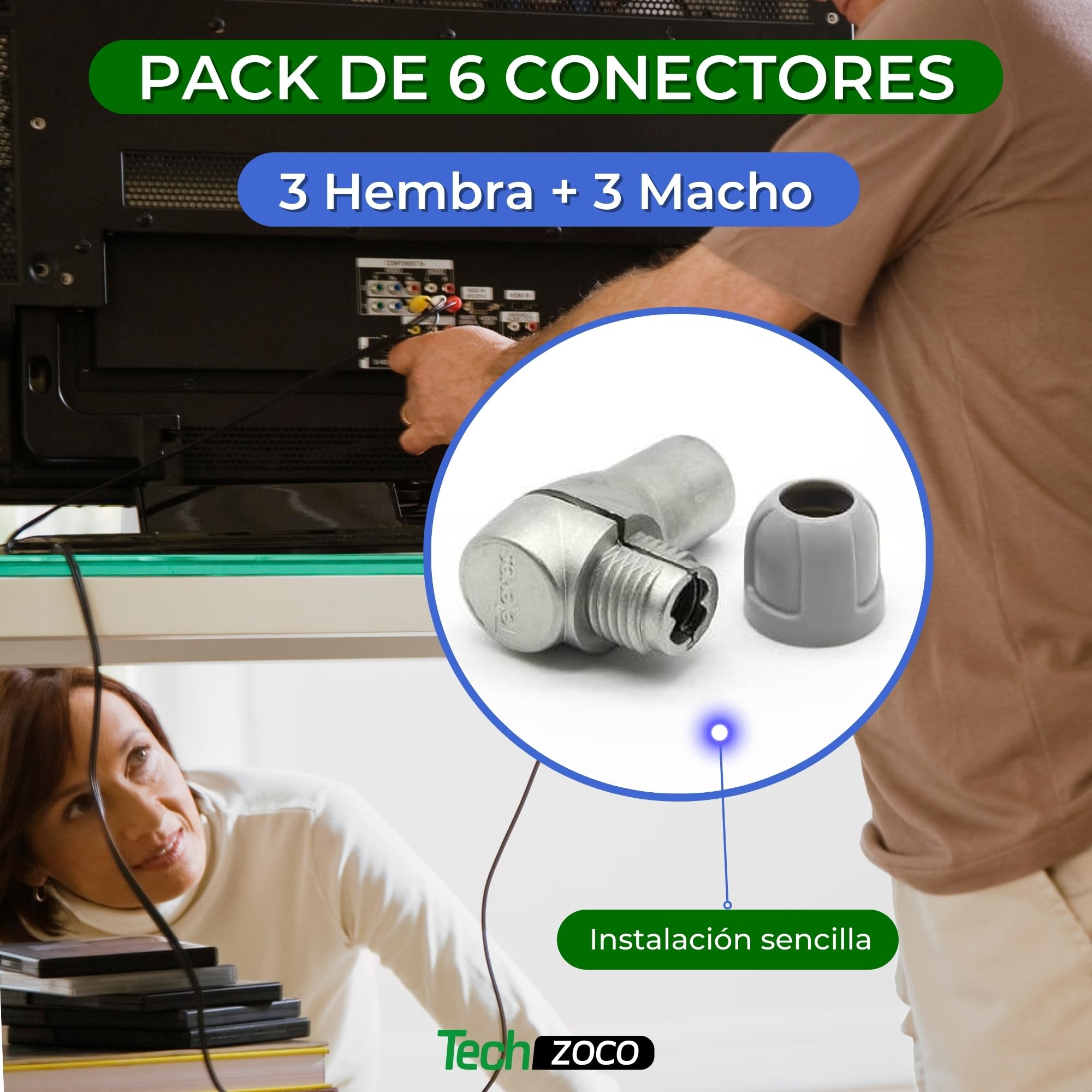 Pack de 6 Conectores Coaxiales Tipo IEC para cable de antena de TV, conectores CEI acodado blindado, 3 conectores macho + 3 conectores hembras , 6.9mm diámetro, 6 unidades - imagen 4