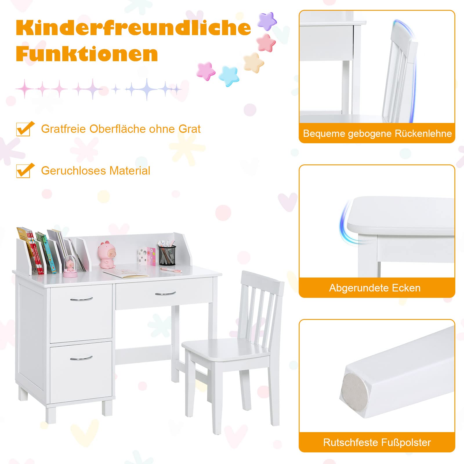 DREAMADE Kinderschreibtisch mit Stuhl, Schülerschreibtisch aus Holz, Jugendschreibtisch, Kinder Schreibtisch für Kinder mit Bücherregal & Schublade & 2 Ablage (Weiß)