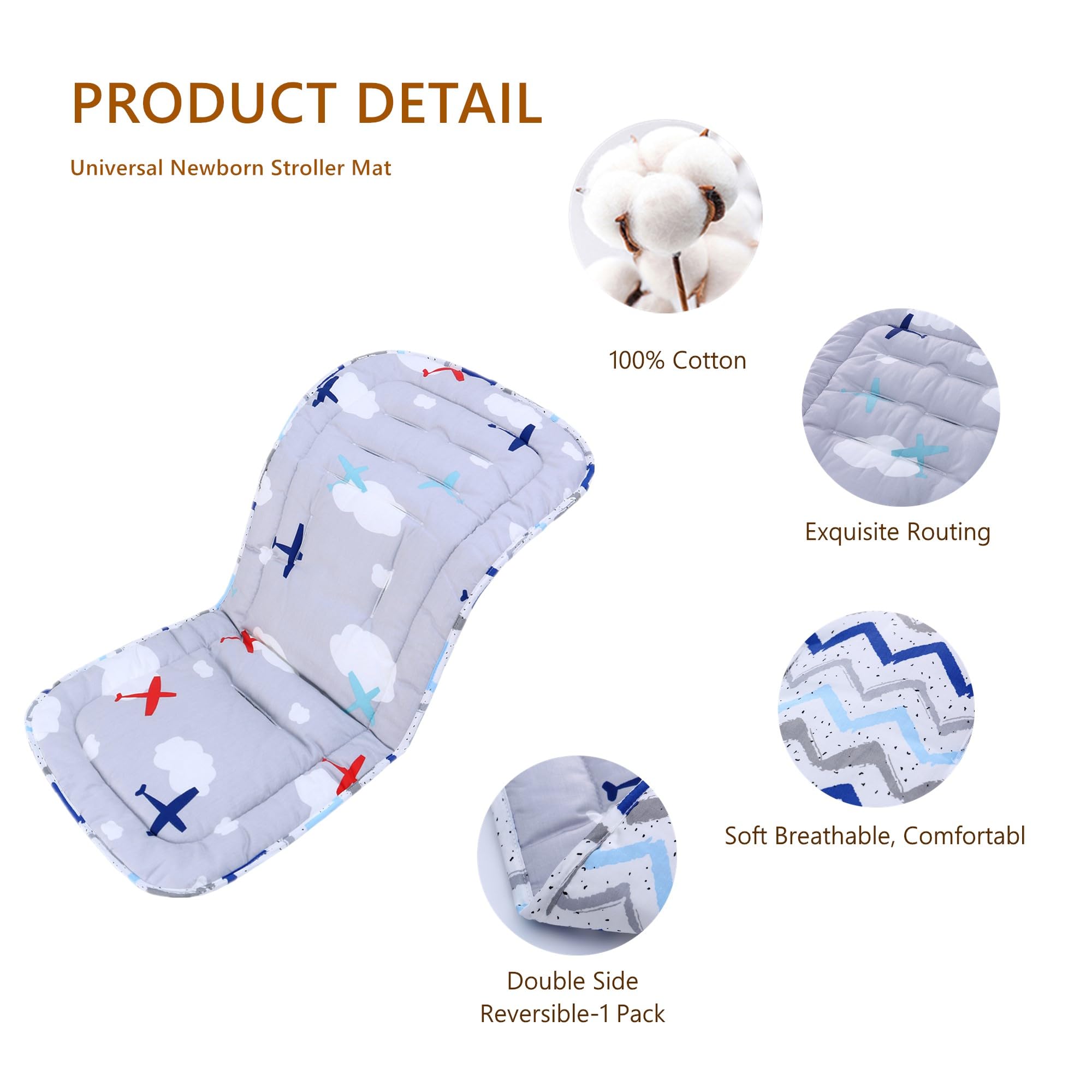 Baby Pushchair Seat Liners,Pram Liner Universal Fit for Most Pushchairs,100% Cotton Double-Sided Baby Stroller Cushion Pad,Stroller Pad Seat Cover for Toddler,1 Pack,78x34cm (Gray+Green) - Image 3