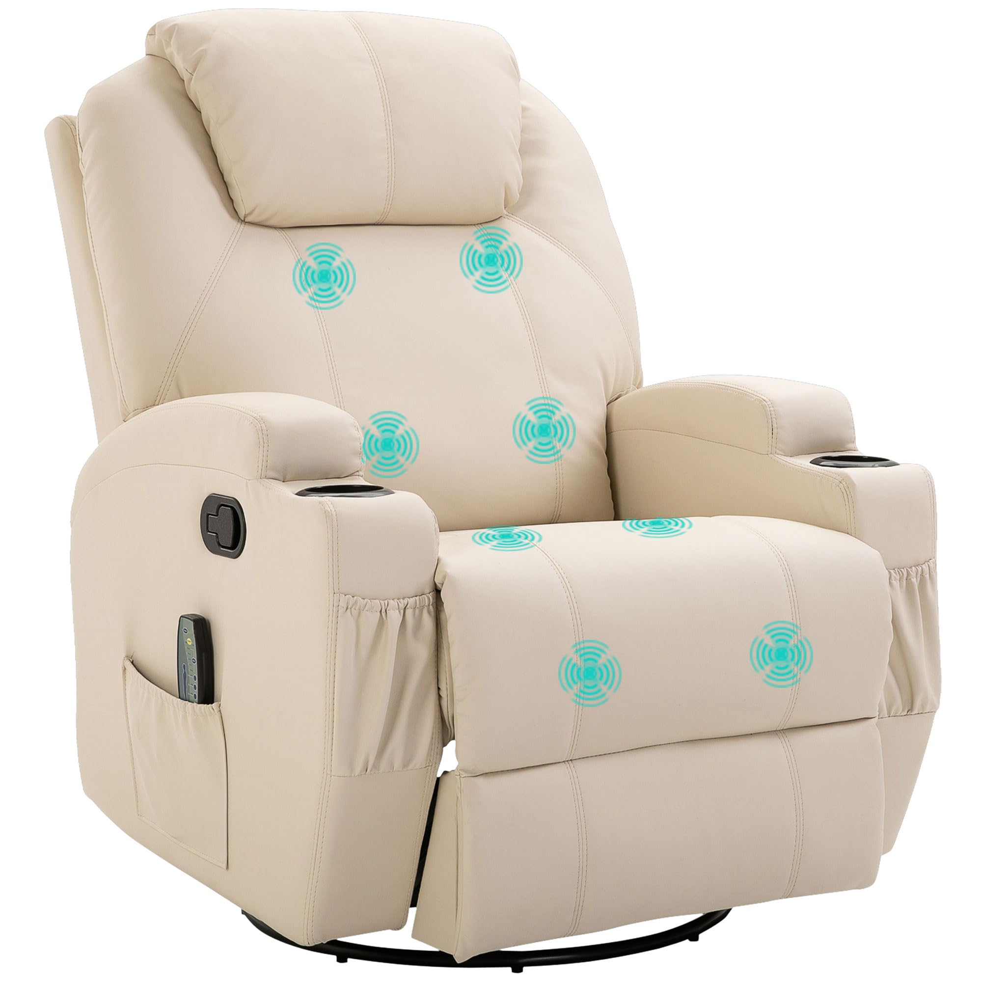 HOMCOM Fauteuil de Massage inclinable, Bascule et pivotant à 360°, Fauteuil de Relaxation, Dossier et Repose-Pieds réglable manuellement, télécommande, Porte-gobelets et Poches latérales, crème