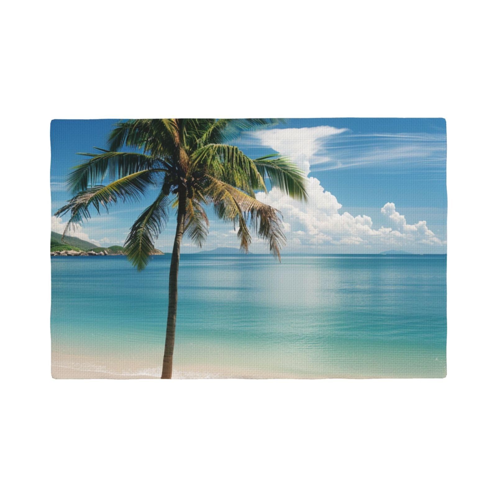 Beach and Palm Tree Print Placemats Set, Heat Resistant Washable Placemat 12x18in Table Mats for Party Kitchen Dining Table Decoration Indoor Outdoor, Six Piece