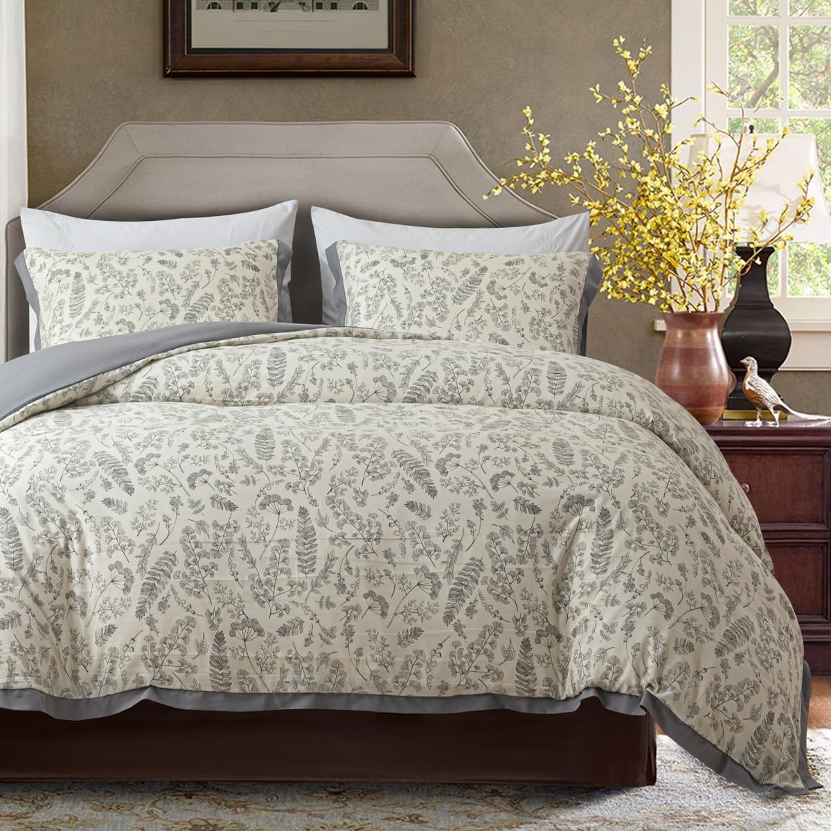 Housse de couette respirante 100% microfibre parure de lit gris floral OSVINO