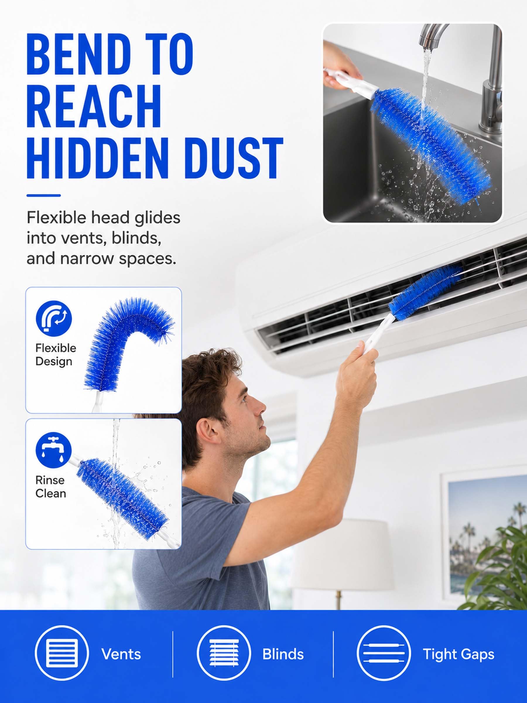 Cepillo de microfibra flexible, limpiador flexible mejorado 2026 para persianas eléctricas, ventilador lavable y ventilación de aire, herramienta eficiente de eliminación de polvo para el hogar y el