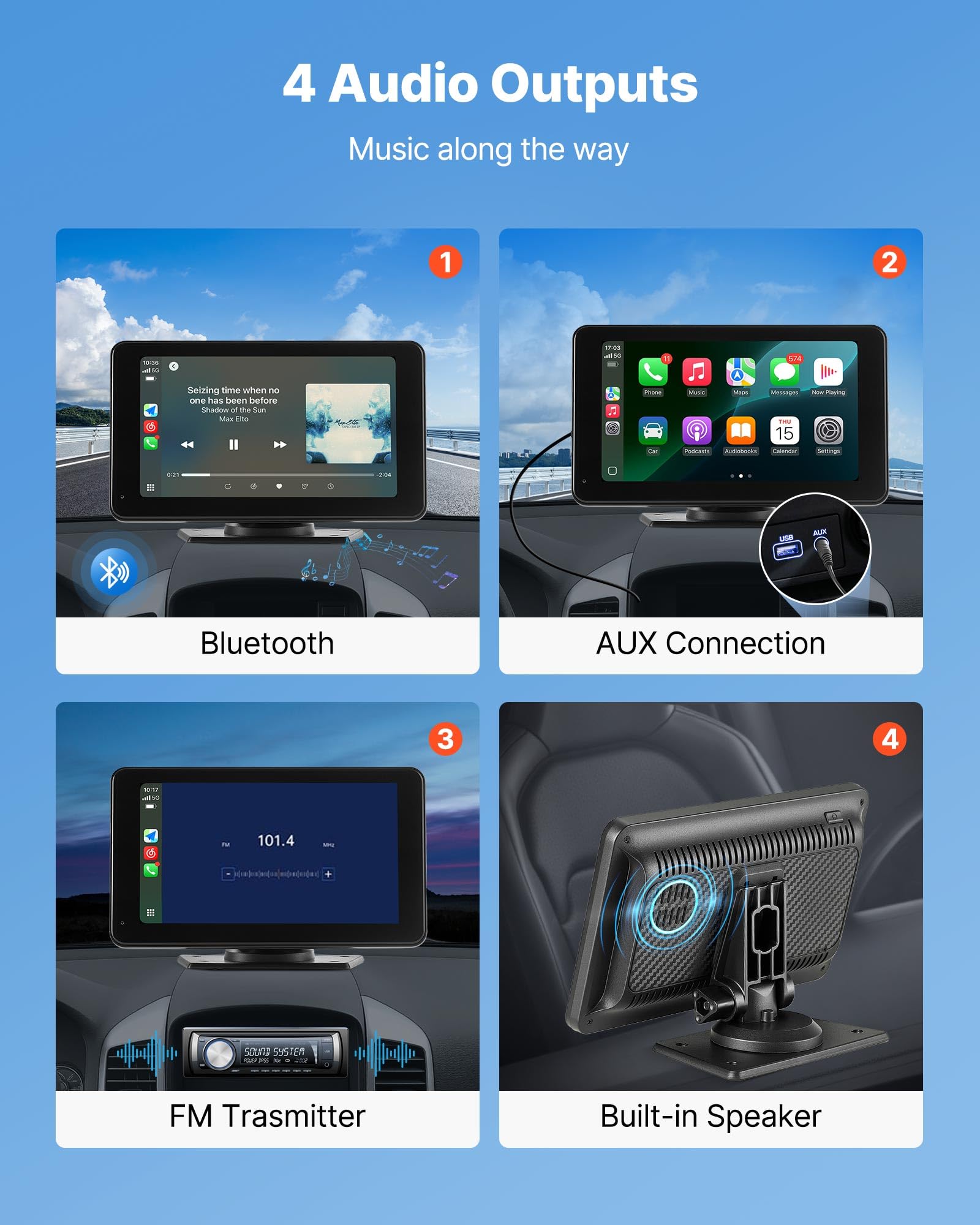 VEVOR Estéreo Inalámbrico para Coche, Radio Portátil HD de 177,8 mm con Pantalla Táctil Compatible con Apple CarPlay y Android Auto, Cámara de Respaldo, Control de Voz, Bluetooth, Navegación GPS
