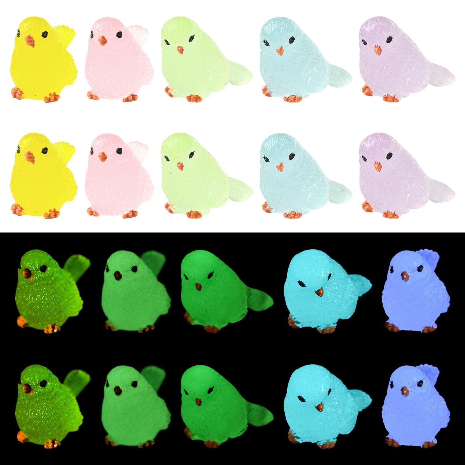 Stiesy Lot de 20 figurines d'oiseaux phosphorescentes, 10 styles de mini oiseaux lumineux pour micro paysage, décoration de jardin féérique, loisirs créatifs et décorations de bureau