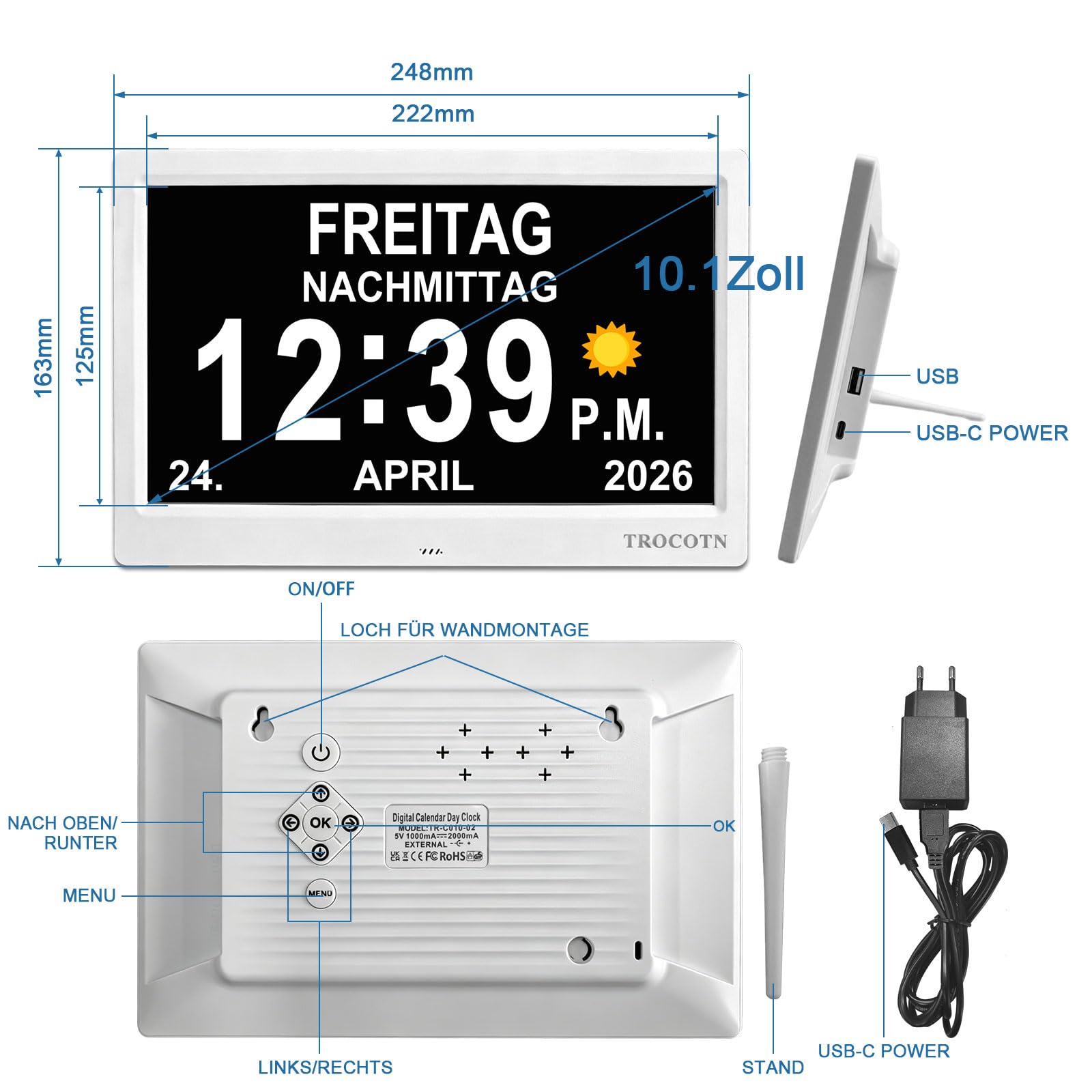TROCOTN Demenz Uhr senioren, digitaler Kalender, seniorenuhr, großes Display Wecker Wanduhr (Weiß, 10 Zoll)