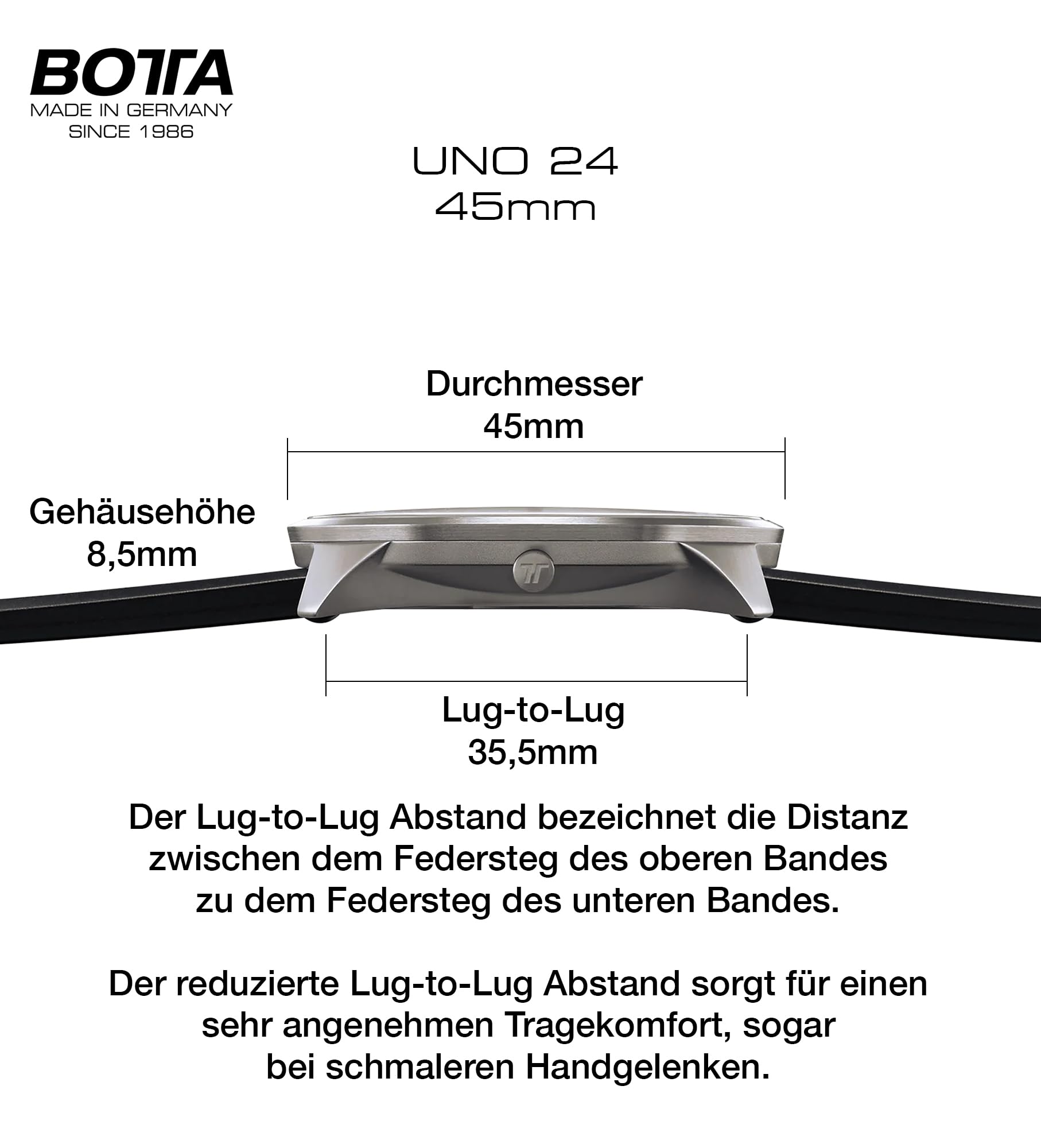 botta 24-godzinny zegarek z jedną wskazówką męski szwajcarski mechanizm kwarcowy ze skórzaną bransoletką UNO 24 (45 mm)