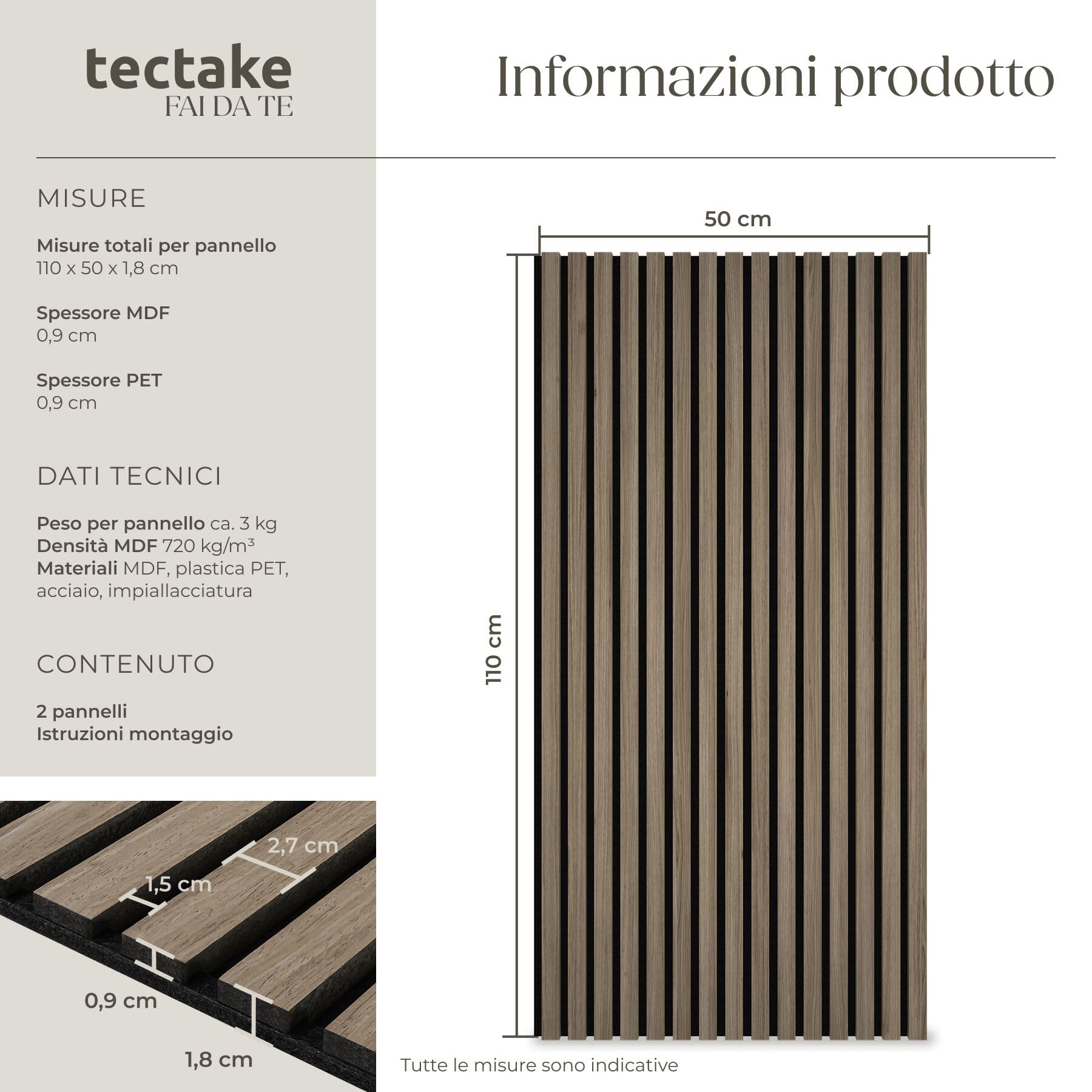 tectake® Set di 2 Pannelli Acustici Effetto Legno, 110 x 50 x 1,8 cm, Pannelli Fonoassorbenti Decorativi per Pareti, Set x2 Pannello Fonoassorbente Soffitto, 2 pz Pannello Murale - Rovere Scuro