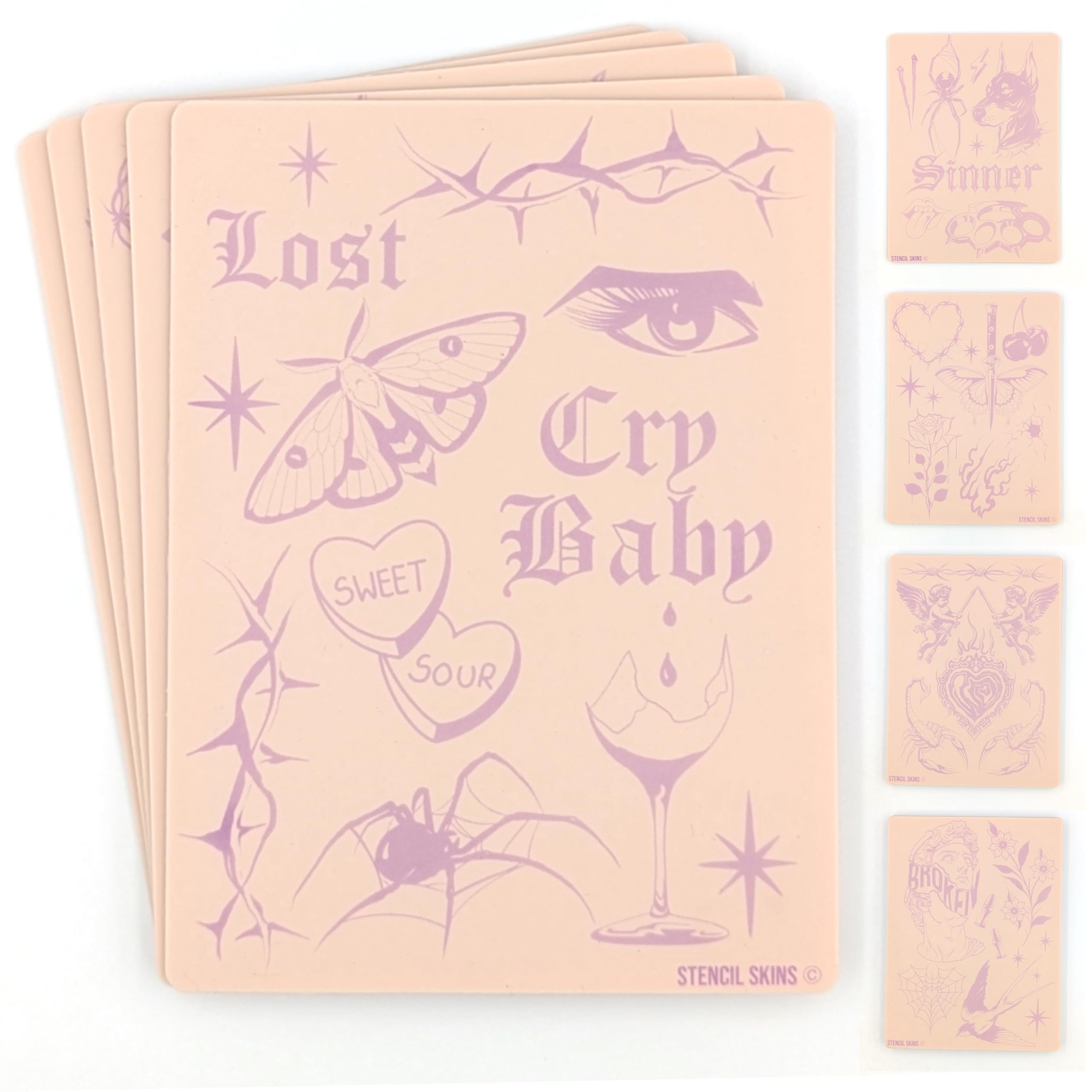 Stencil Skins Pre Printed Tattoo Practice Skin Set Patchwork 5 Mixed Motifs Patchwork Set, 3mm Silicone Fake Skin