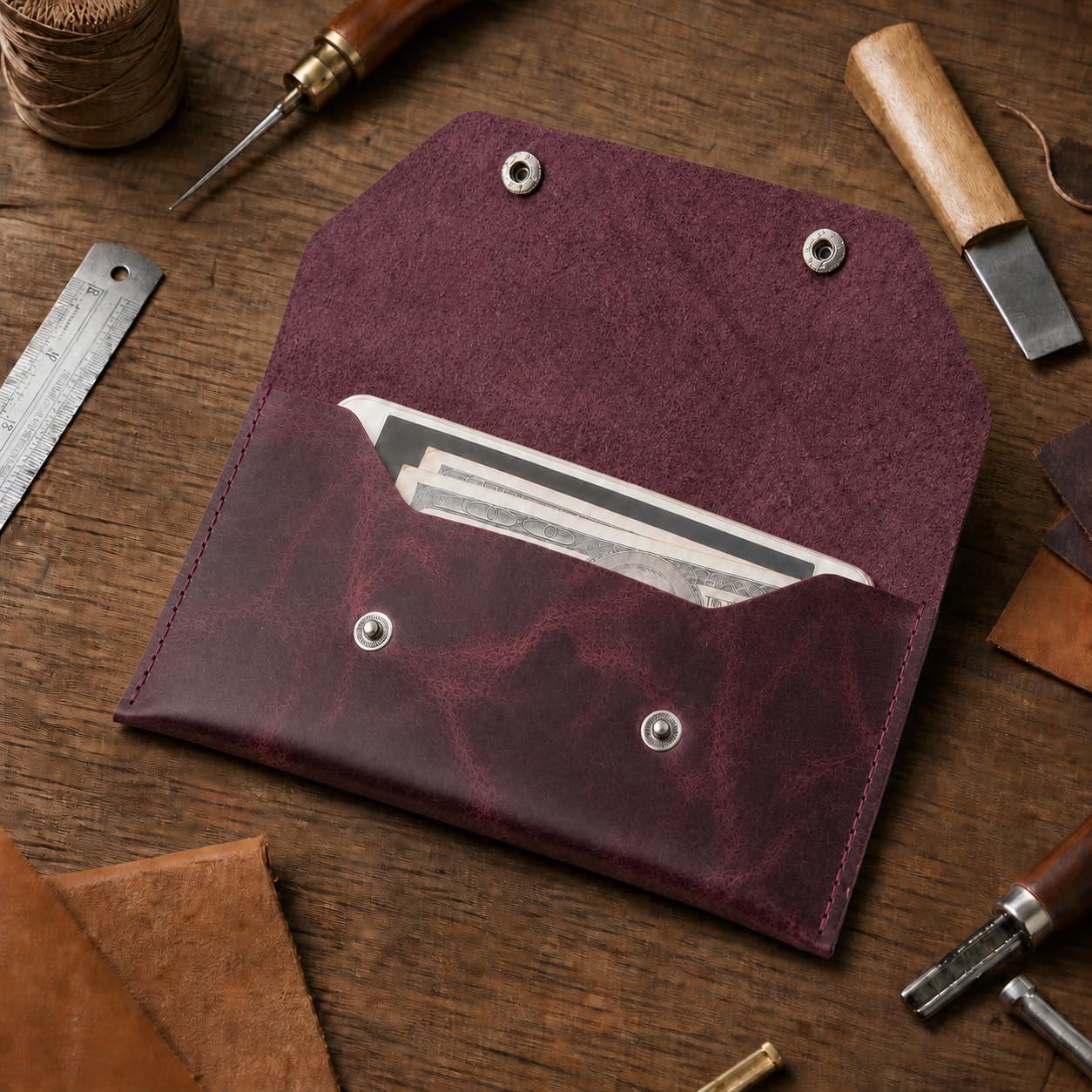 Genuine Leather Cash Envelope Wallet, Two Snap Money Pouch for Men and Women, Reusable Budget Envelope Wallet, Slim Organizer for Cash, Cards, Receipts, Checks and Keys (Burgundy) image 4