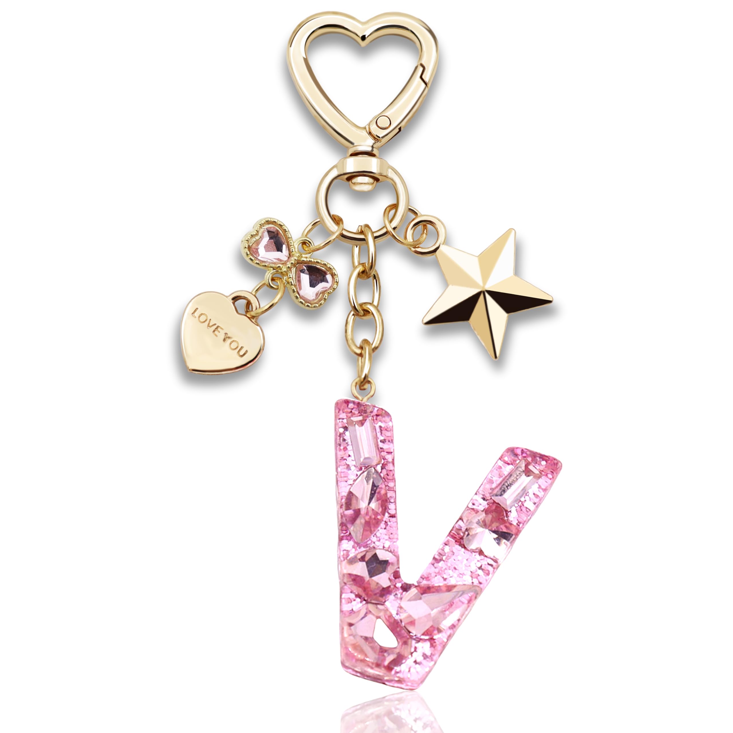 Glitter Initial Letter Keychain Gift for Women Cute Pink Resin Keychains for Bag