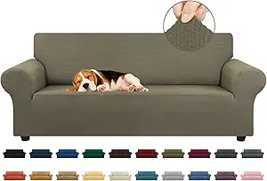 KEKUOU Stretch Sofa Cover Slipcover ,Couch Covers for 3 Cushion Couch Sofa pet Friendly (78"-94") Furniture Protector Sofa with Elastic Bottom for Kids,Dog, Jacquard Small Checked(Large,Khaki)