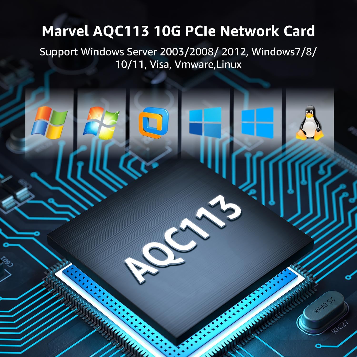 Fenvi Carte réseau PCIe 10G avec contrôleur Marvell AQC113, adaptateur Ethernet 10G Base-T, carte réseau RJ45 compatible avec Windows 10/11, Linux