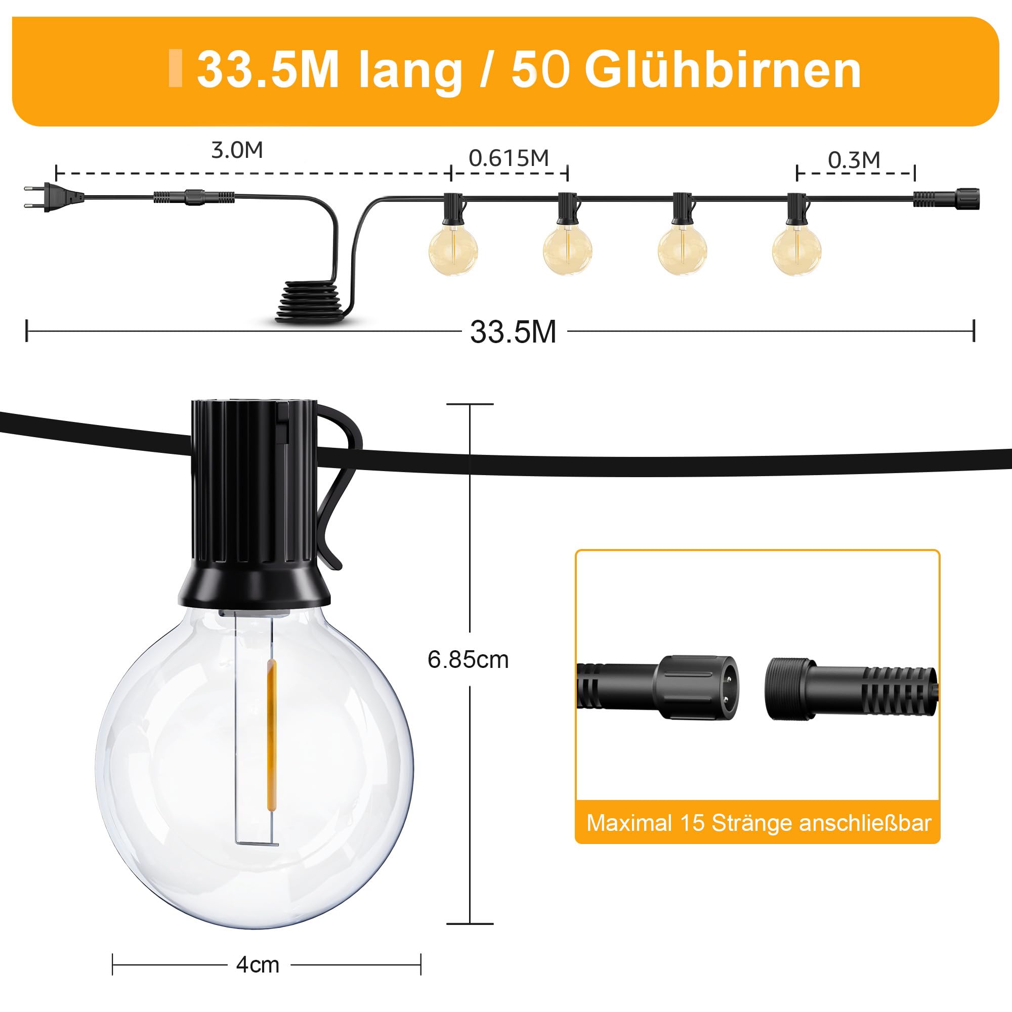 LED Lichterkette Außen Strom 33.5m - Outdoor Lichterketten 110FT mit Aussen Wetterfest 50+2 G40 Glühbirne Warmweiß Aussenlichterkette für Balkon Garten Pavillon Terrasse Vorzelt Hochzeit Party