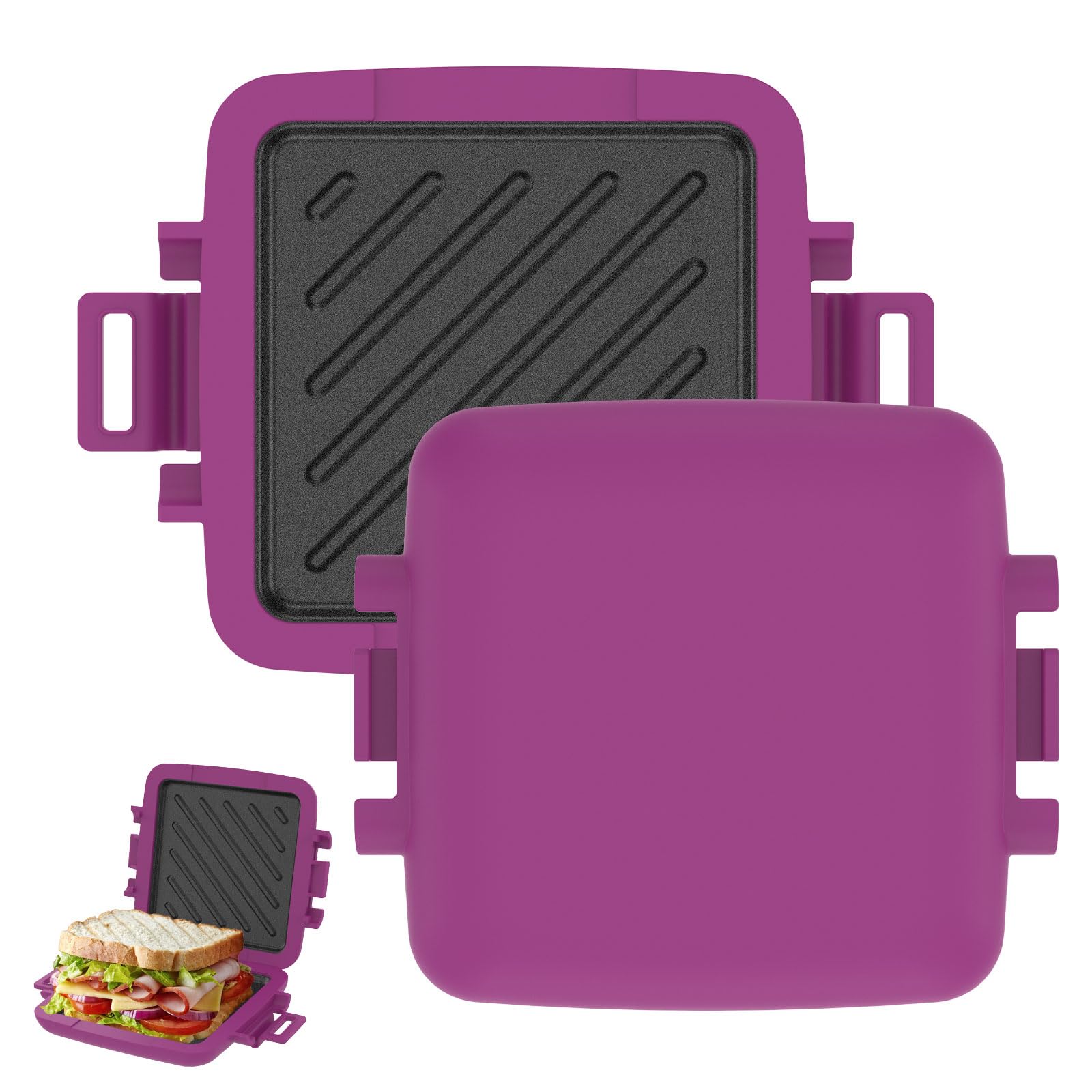 Foppla Purple Microwave Sandwich Maker Wireless Detachable With Removable Plates Non Stick Grill Press For Toastie Panini Omelette Waffle Dishwasher Safe Cordless For Home Office Travel Cooking(Purple)