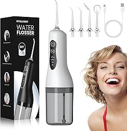Irrigador Dental, Irrigador Bucal Portatil, 260ML Water Flosser Profesional, 4 Modos 5 Boquillas, Impermeable USB Recargable,20-140 PSI para Limpieza Dientes,Para el Hogar y los Viajes,IPX7