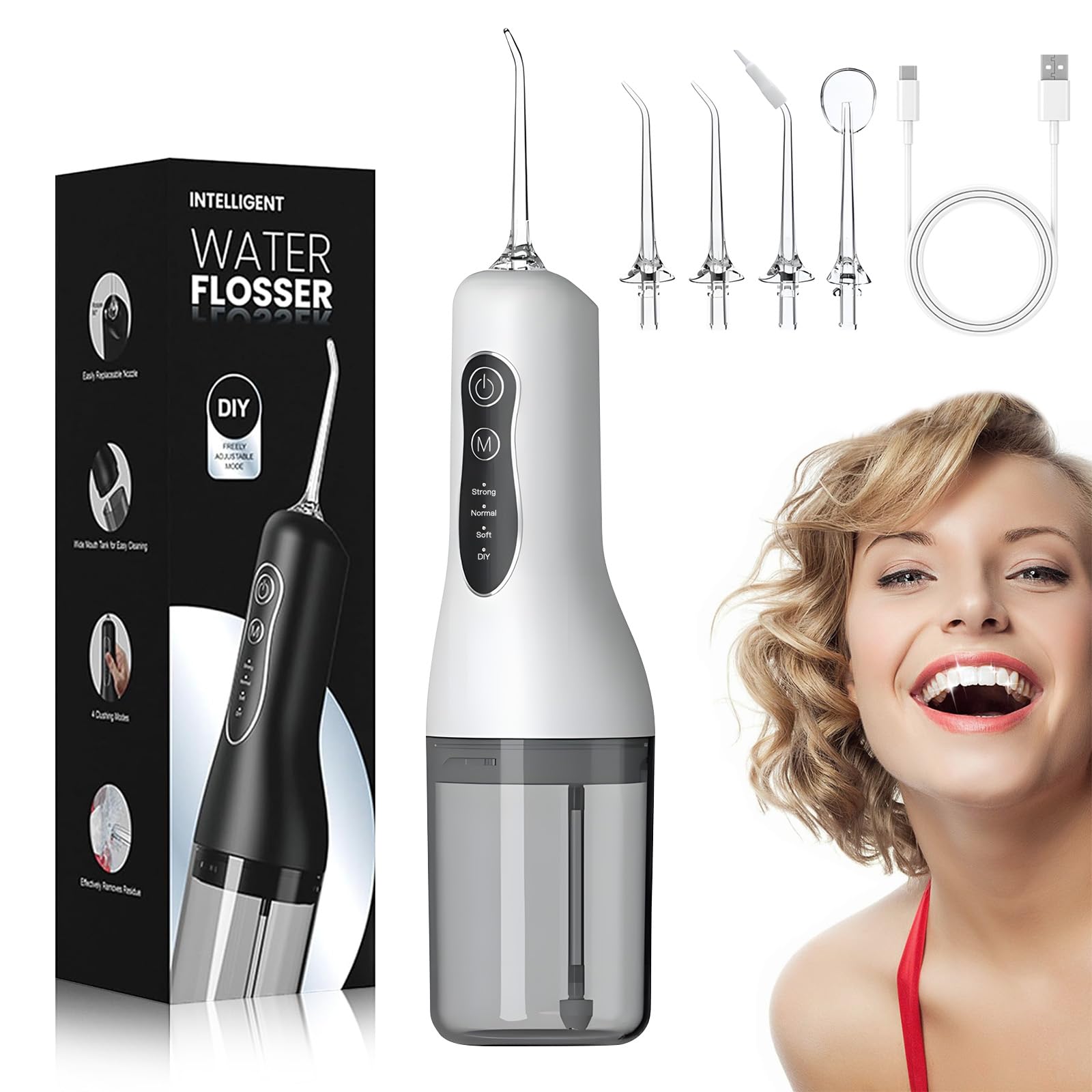 Irrigador Dental, Irrigador Bucal Portatil, 260ML Water Flosser Profesional, 4 Modos 5 Boquillas, Impermeable USB Recargable,20-140 PSI para Limpieza Dientes,Para el Hogar y los Viajes,IPX7