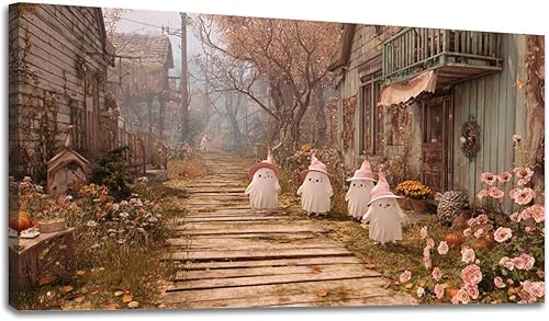 24"x 48" Canvas Wall Art Vintage Halloween Rustic Landscape Cute Ghost Ghosts Autumn Framed Pictures Painting Prints Large Wall Art for Living Room