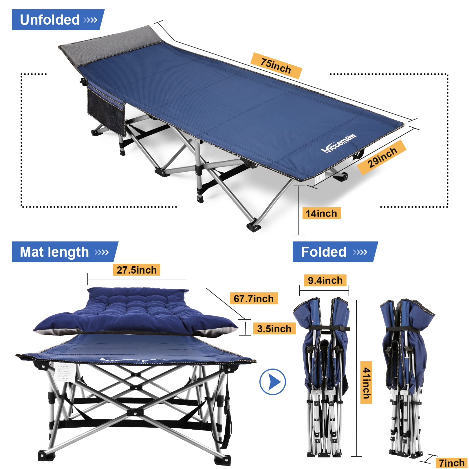 Nictemaw Camping Cot - Lightweight Folding Camping Cots for Adults & Kids, 900LBS Heavy Duty Double Layer Oxford Travel Portable Cots for Sleeping for Outdoor Camp/Office/Home(Blue)