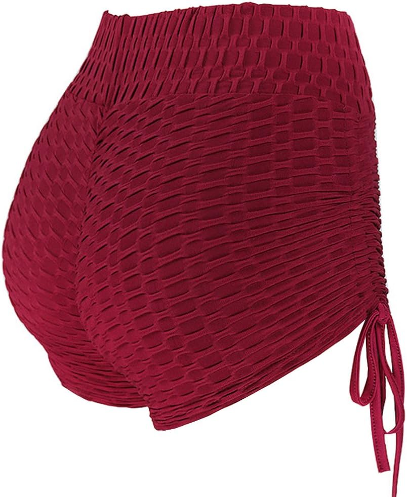 Women's Sport Fitness Gym Stretchy High Waisted Ruched Butt Lifting Workout Running Yoga Shorts (S, red)