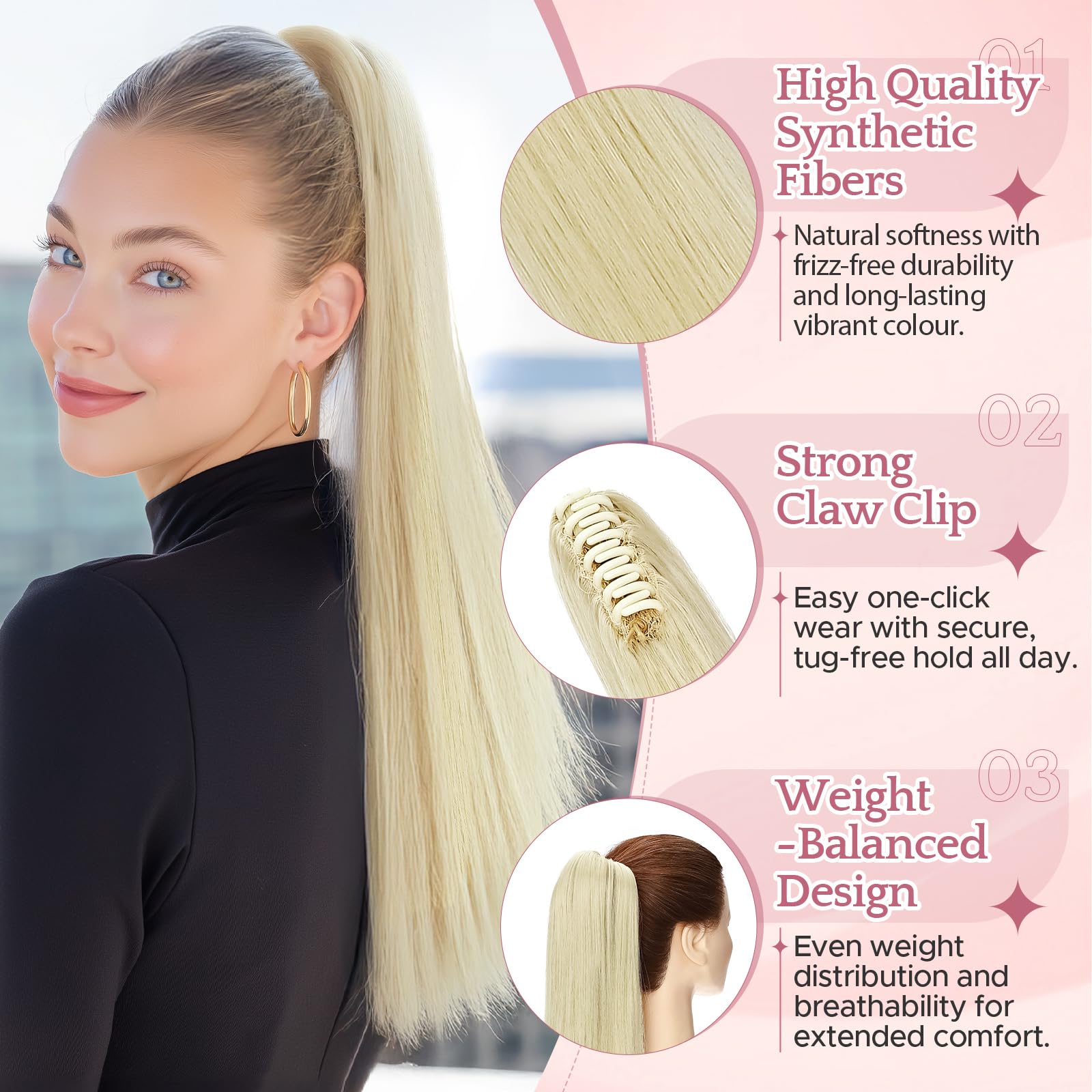 SEGO Pro Claw Clip Ponytail Hair Extensions Synthetic Pony Tail Hair Pieces for Women 21 Inch Straight 140g (Bleach Blonde) - Image 2