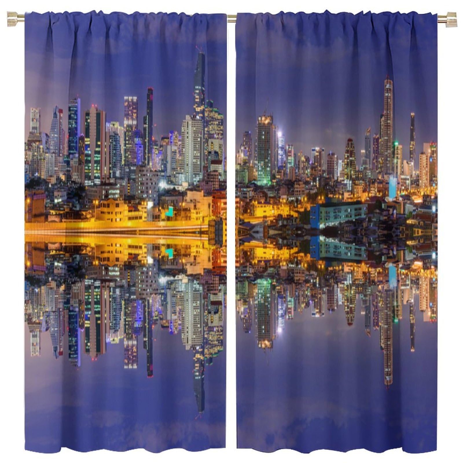 Landscape Curtains, Cityscape Scenery of New York City at Midnight USA Ocean Reflection Coast Photo for Living Rooms and Bedrooms Drapes 2 Panels 52x84in