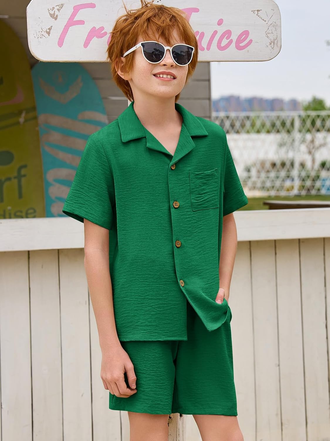 Haloumoning Boys 2 Pieces Summer Outfits Beach Short Sleeve Button Down Shirts and Shorts Vacation Texture Sets for Kids - Image 4