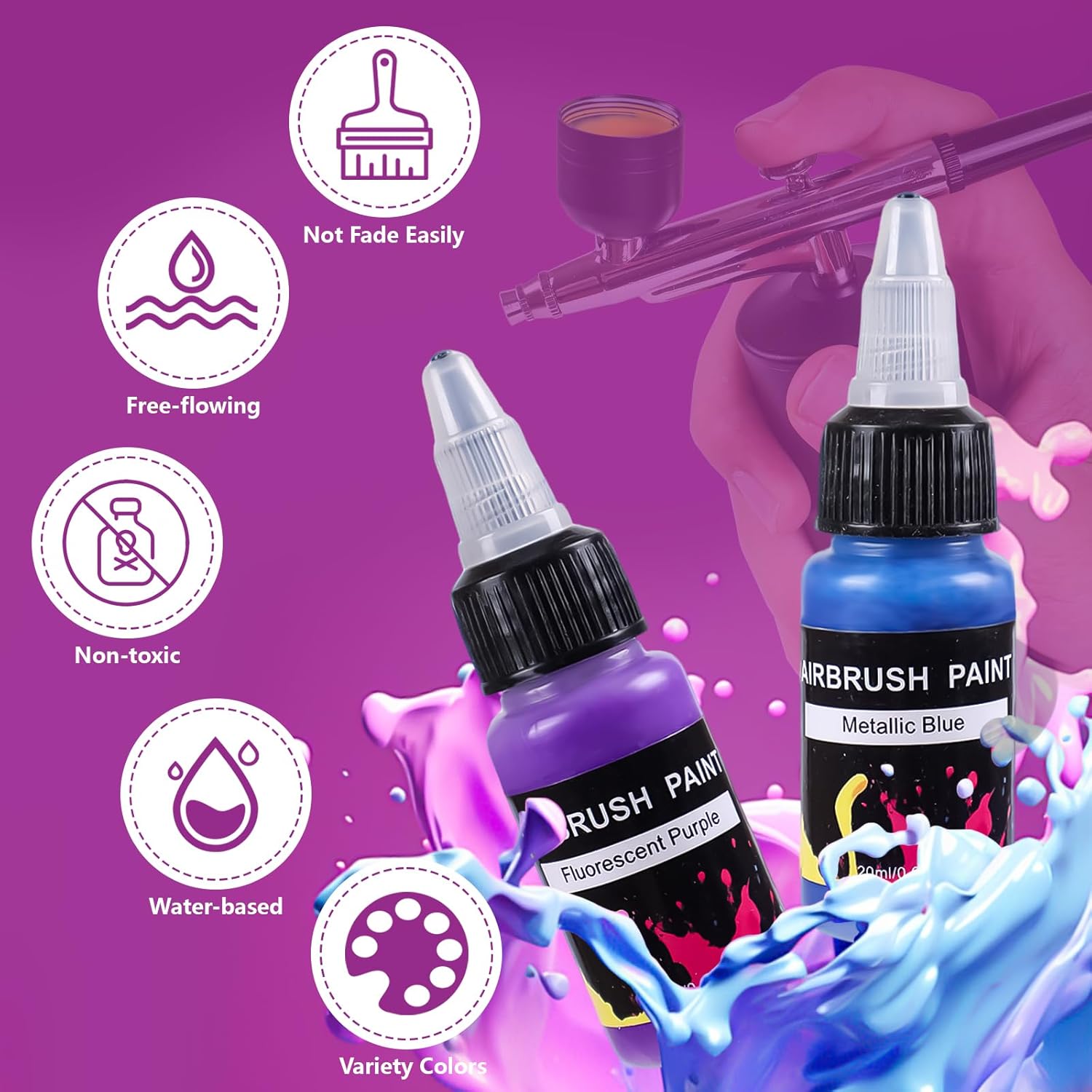 33 Colors Airbrush Paint Set + 3 Thinner - Ready to Spray Acrylic Paints - Rich Pigments, Water-Based, for Models, Miniatures, Figurines, Canvas, Fabric & More - 20ml Bottles