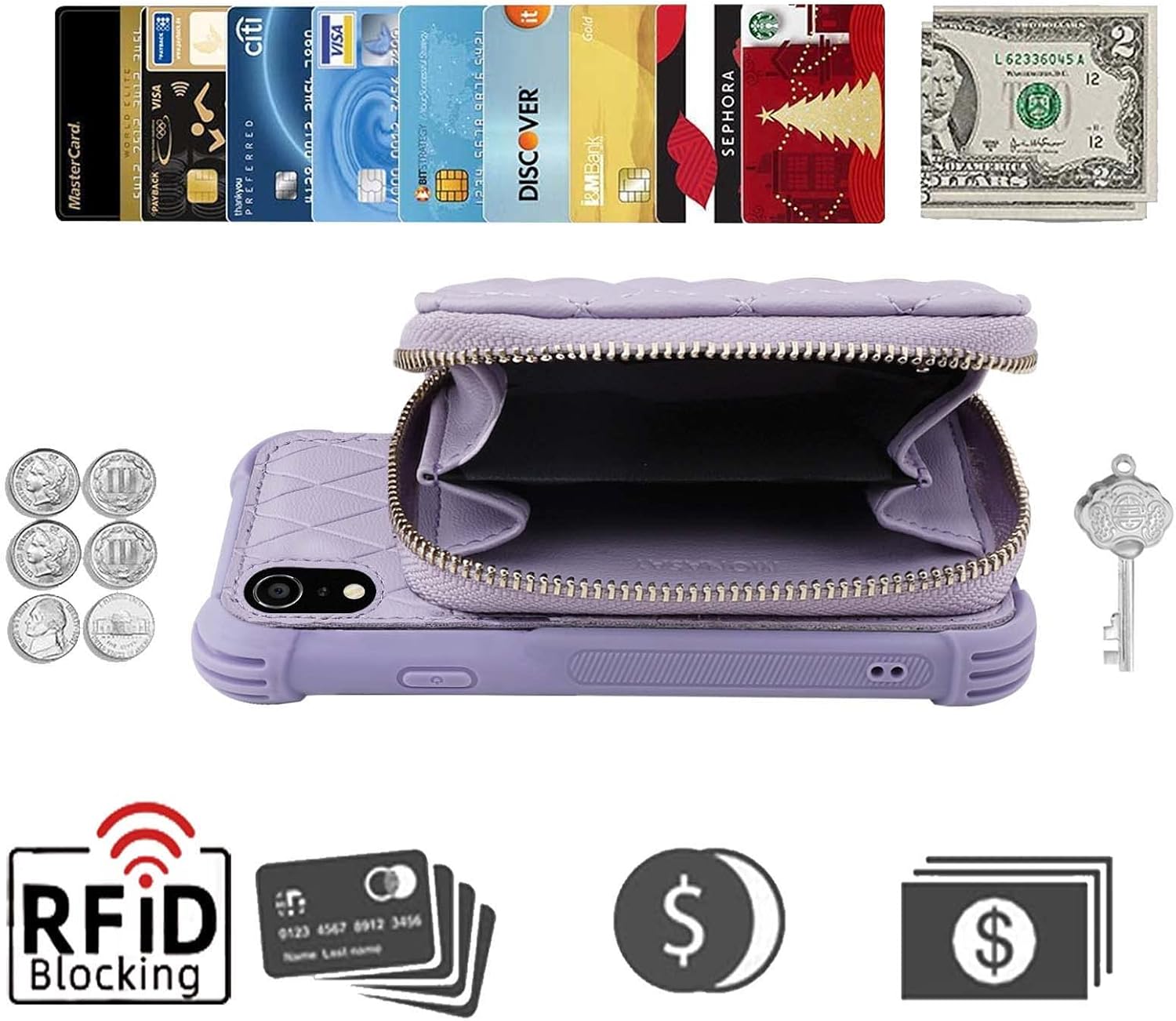 MONASAY Zipper Wallet Case for iPhone XR,[Glass Screen Protector ][RFID Blocking] Flip Leather Handbag Phone Cover with Card Holder and Detachable Crossbody Shoulder Lanyard Strap, Light Purple