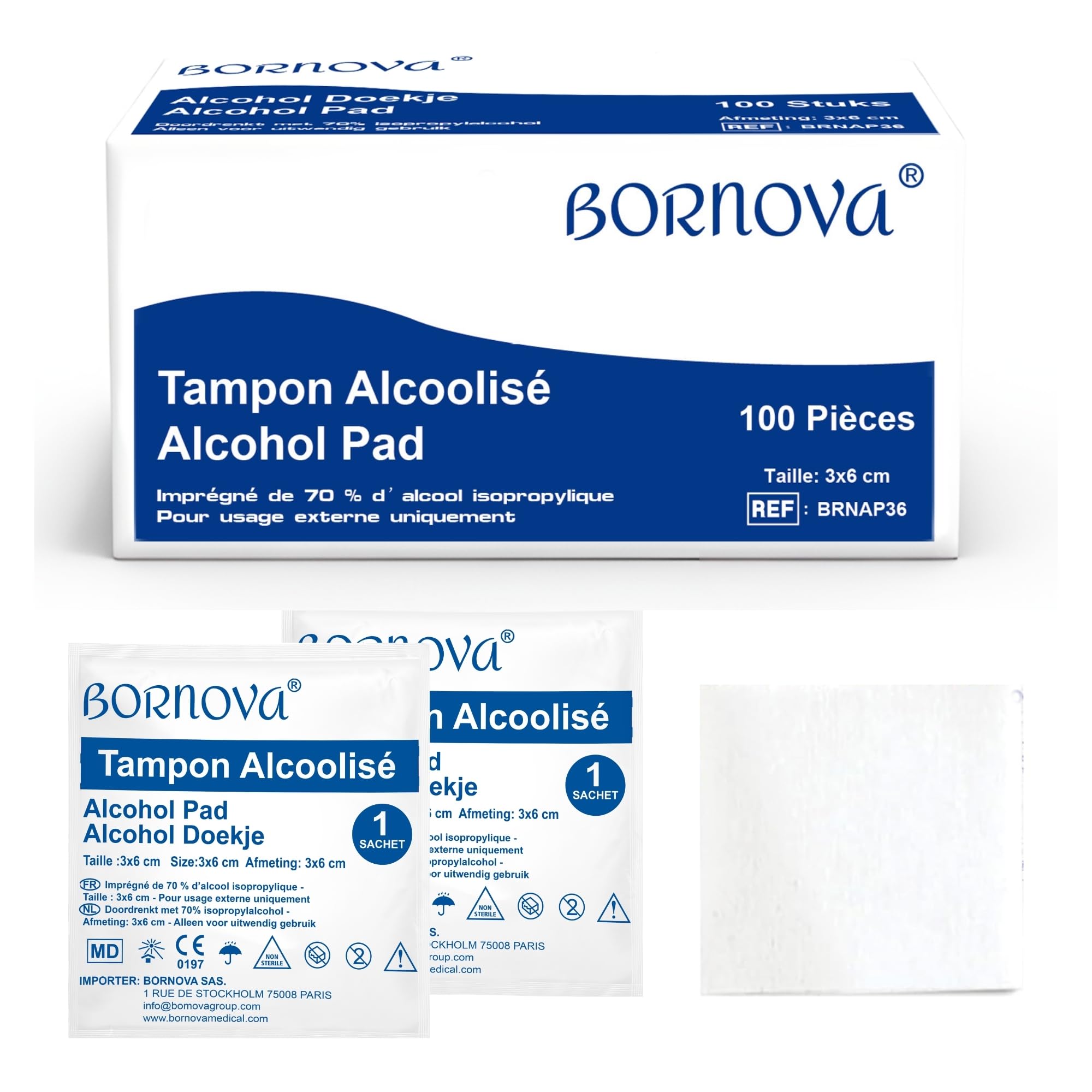 100 PZ – Tamponi impregnati alc.70 – Salvietta 3x6 cm per pulizia della pelle e degli oggetti – Monouso – BORNOVA