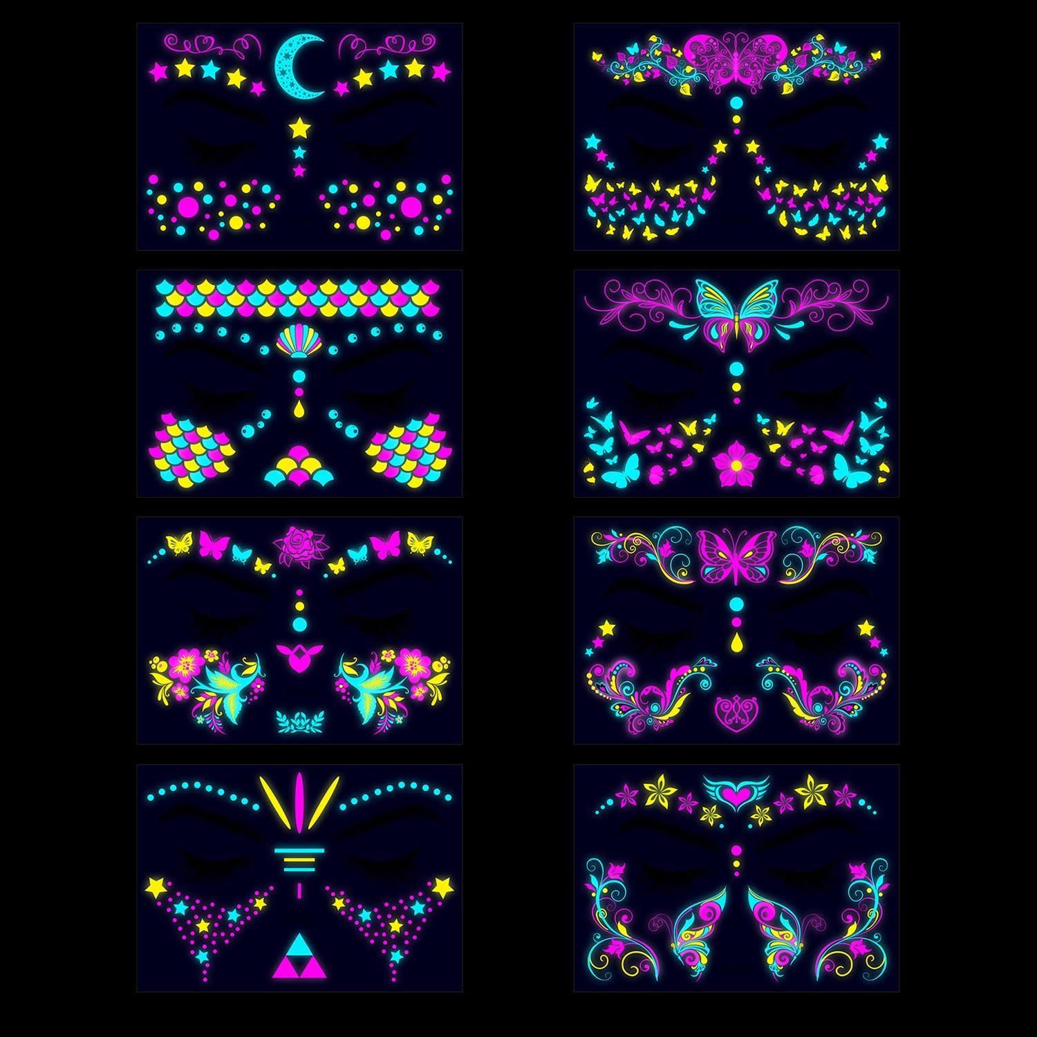 Glow In The Dark for Adults, 8 Sheets Blacklight Neon Glow Temporary Makeup Butterfly Stickers for Glow In The Dark Party Supplies