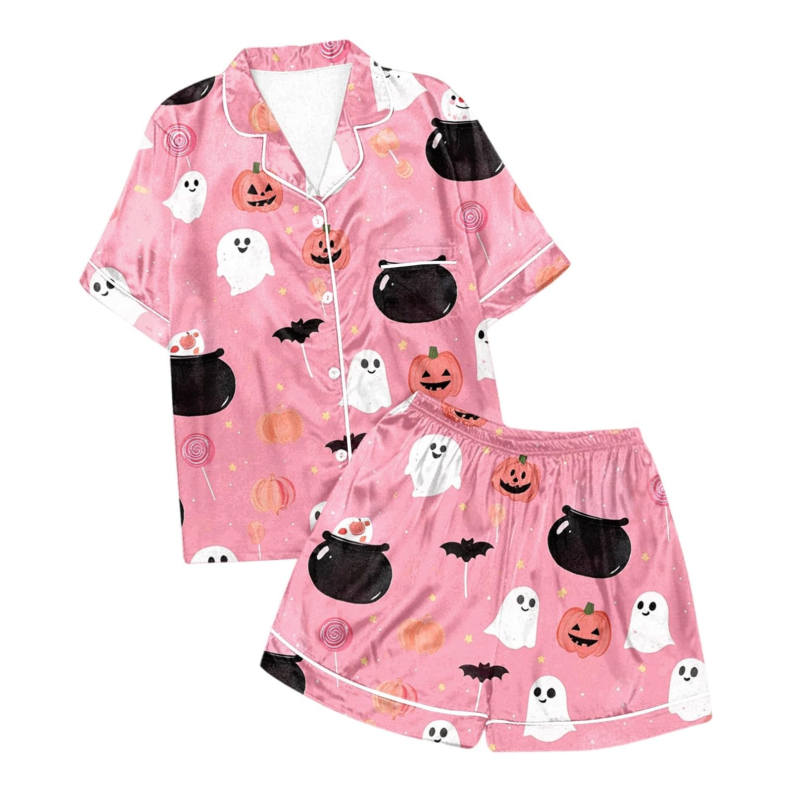 Generisch Damen Pyjama-Set mit Halloween-Print kurzärmliges Oberteil Shorts Bequeme Schlafanzug-Kombination für heiße Nächte ideale Freizeitkleidung für