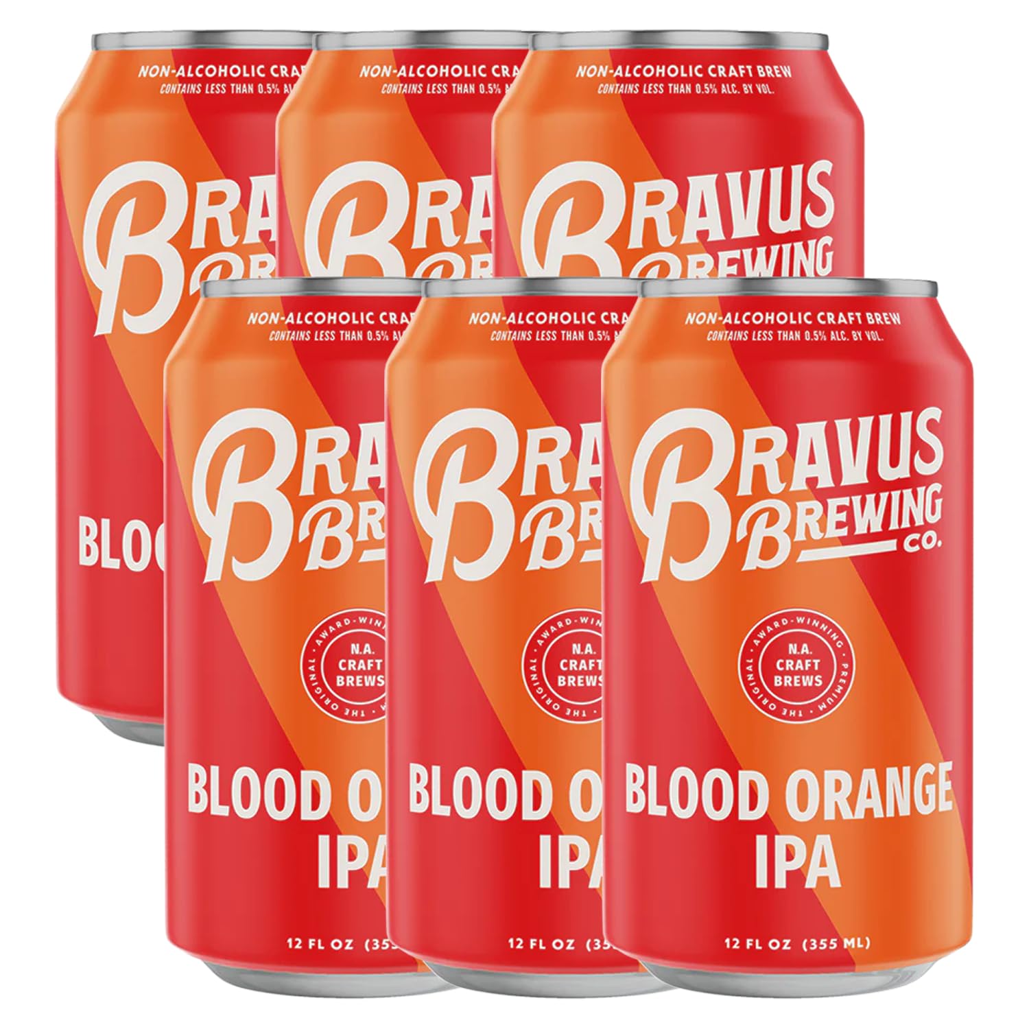 Bravus Blood Orange Non - Alcoholic IPA 6 Pack - Refreshing Craft Brew with Tangy Sweetness and Hoppy Bitterness - Healthier Beverage Option - 12oz Cans