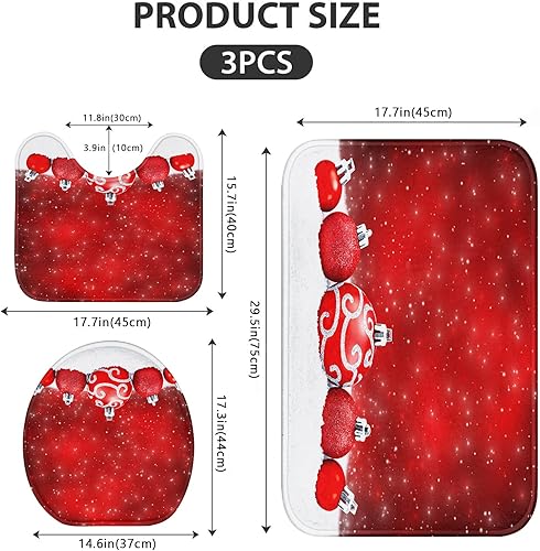 Miniatura 5 de ArtSocket Juego de 3 alfombras y tapetes de baño de Navidad, tapetes de baño antideslizantes con copos de nieve, bolas de Navidad, de microfibra