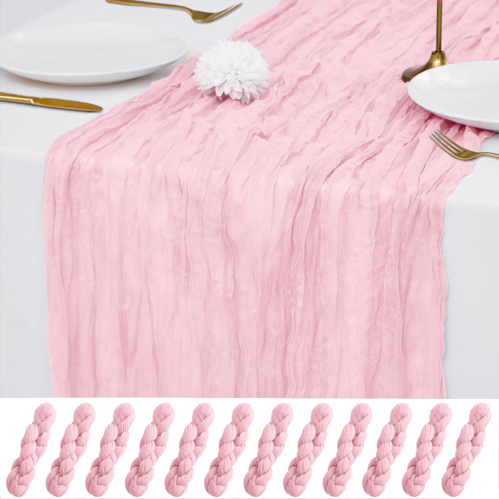Photo 1 of 12 Pack Pink Cheesecloth Table Runner 21x120 Inches, Boho Gauze Rustic Semi Sheer Cheese Cloth Table Runners for Easter Spring Wedding Bridal Baby Shower, Birthday Party, Long Farmhouse Table Decor