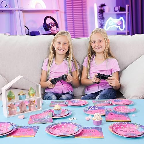 Miniatura 7 de Pink Video Game Party Plates and Napkins - 48 PCS Gamer Theme Party Supplies Girls Gaming Birthday Party Decorations Dinner Dessert Plates Paper