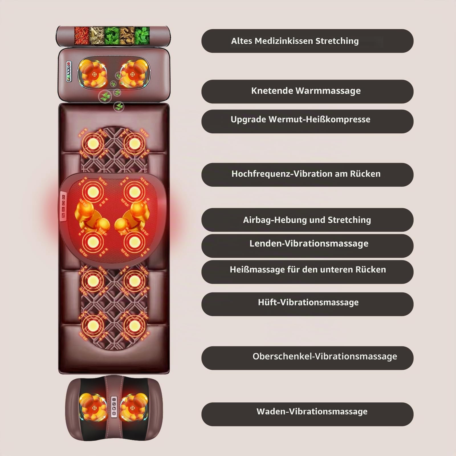 Elektrische Massagematte mit 8 Vibrationsmotoren, Nacken-, Schulter- und Rückenmassage, Taille, Fußsohlen- und Wadenmassage, kann einzeln abgenommen und verwendet werden.