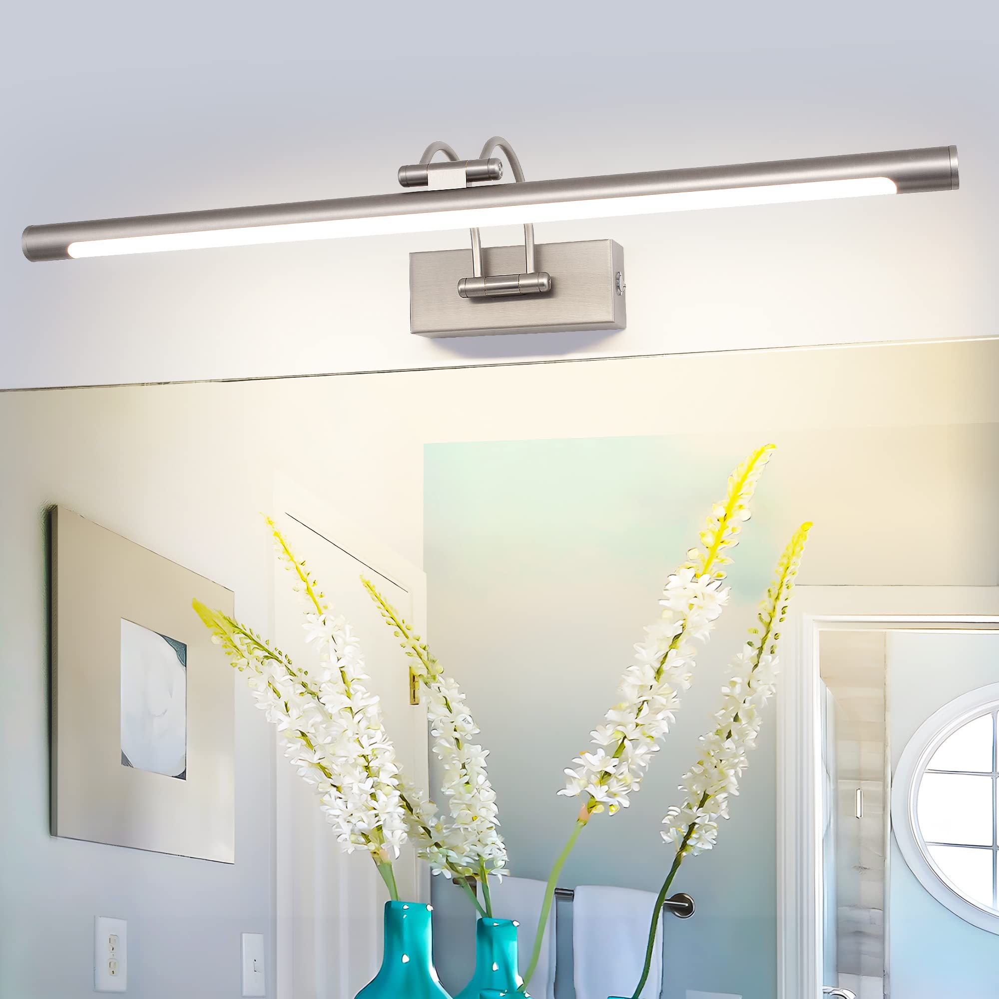 LED Specchio Bagno 60cm 12W 3 Temperatura di Colore Dimmerabile Luce di Immagine LED Dimmerabile Senza Passo con Testa di Lampada Girevole Arco Braccio Specchio Illuminazione Lampada Nichel