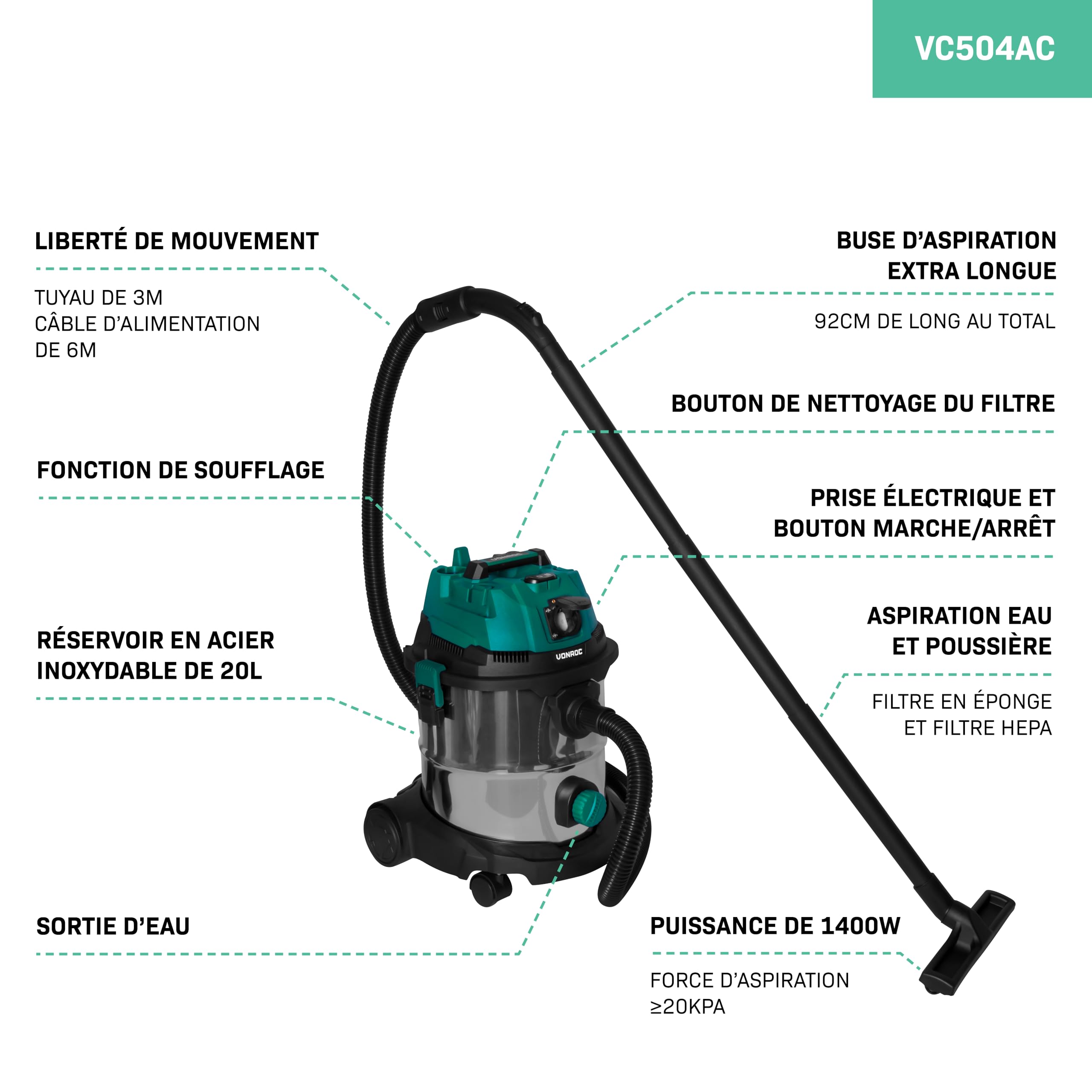 VONROC Aspirateur Eau et Poussière 1400W – Cuve INOX 20L – Fonction Soufflage & Prise Auto-Start 2000W – Filtre HEPA & Éponge – Accessoires Inclus – pour Atelier, Garage, Voiture
