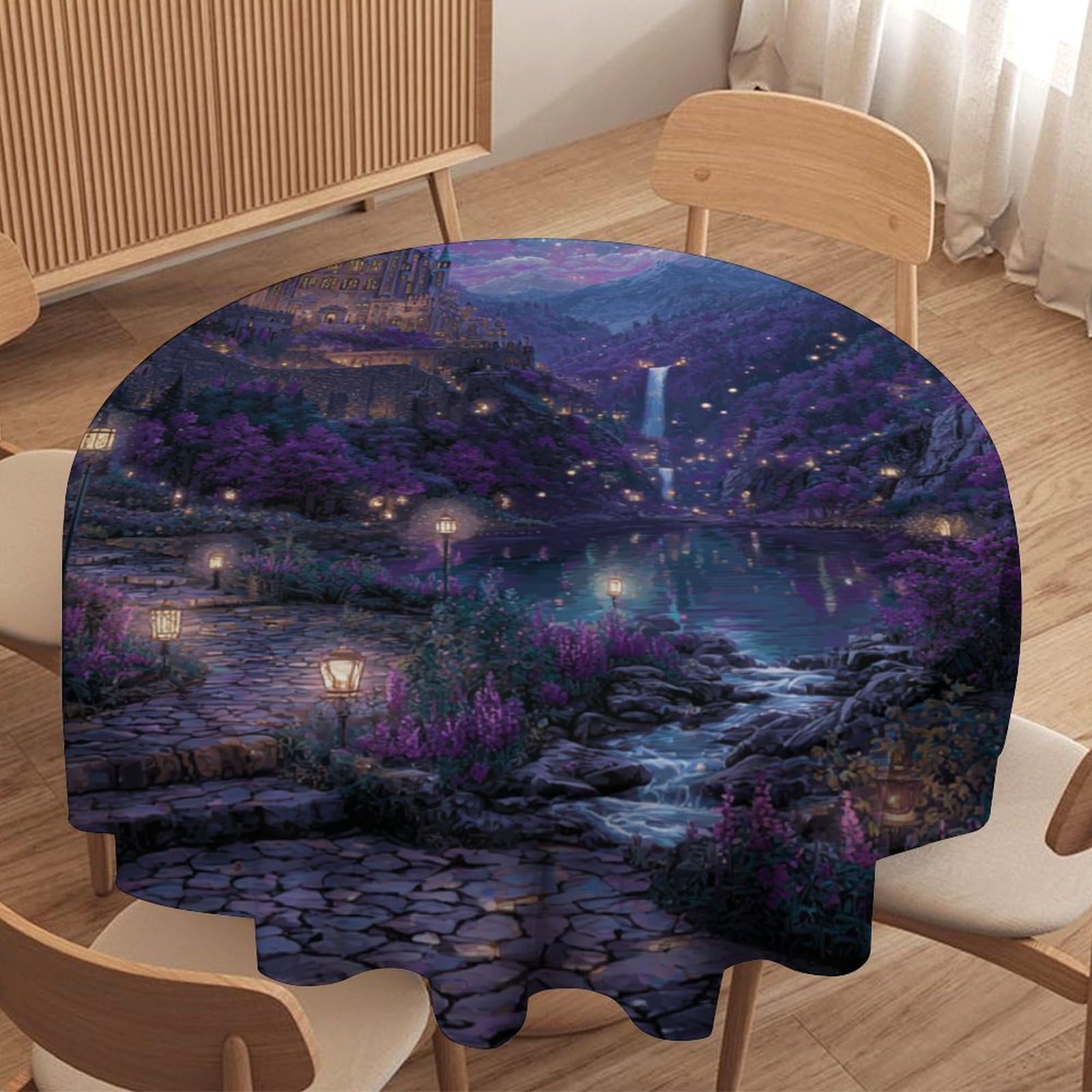 Luyysky Colorful Abstract Fantasy Castle Round Tablecloth Retro Classic Moon Starry Sky Galaxy Lake Plant Flowers Washable Decor For Table Cover For Kitchen-152.4" Wx152.4 L Cm