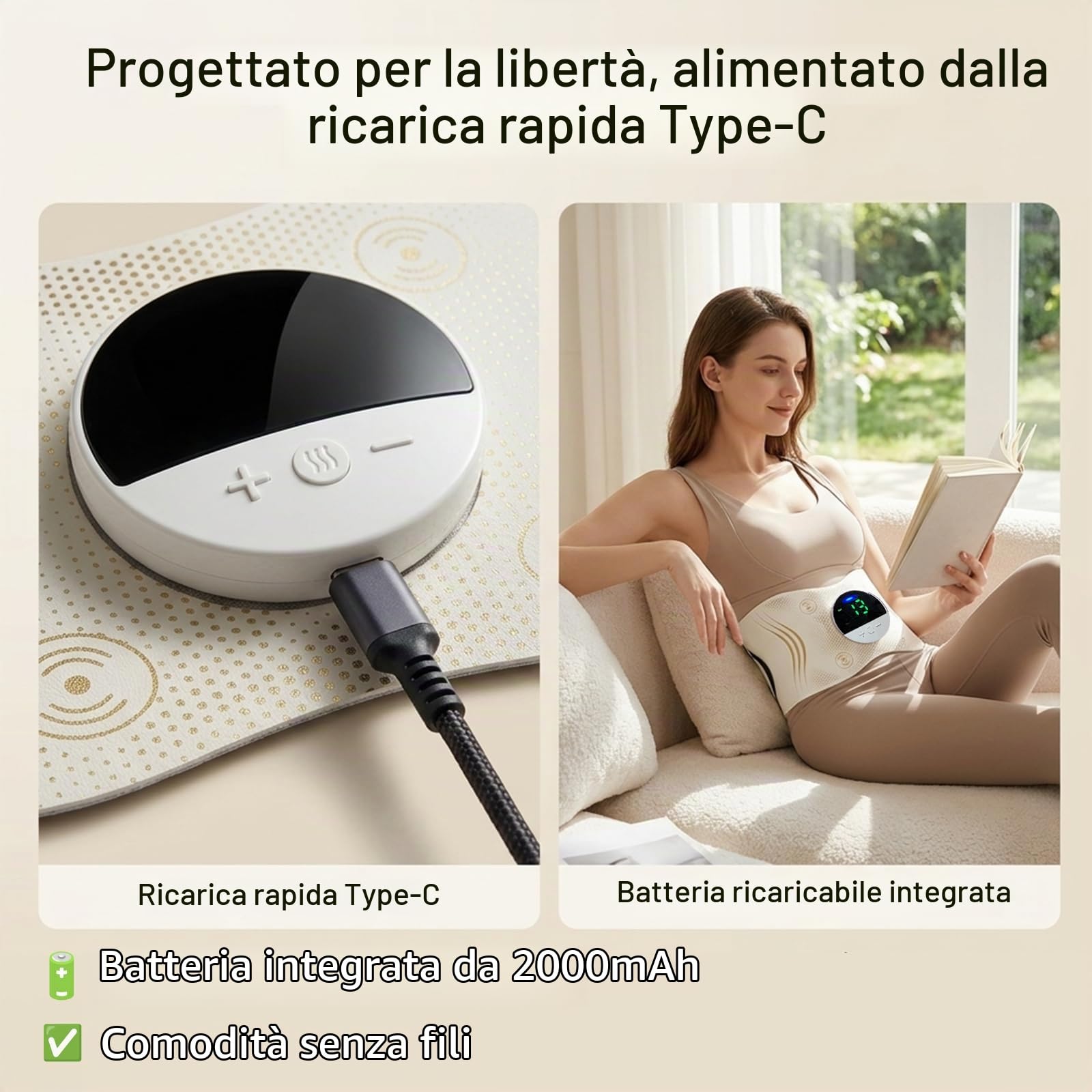 Cintura EMS riscaldante senza fili, stimolatore muscolare addome & schiena | Stimolazione EMS con calore e massaggio, 3 livelli, 16 intensità, design rimovibile per relax a casa o in ufficio