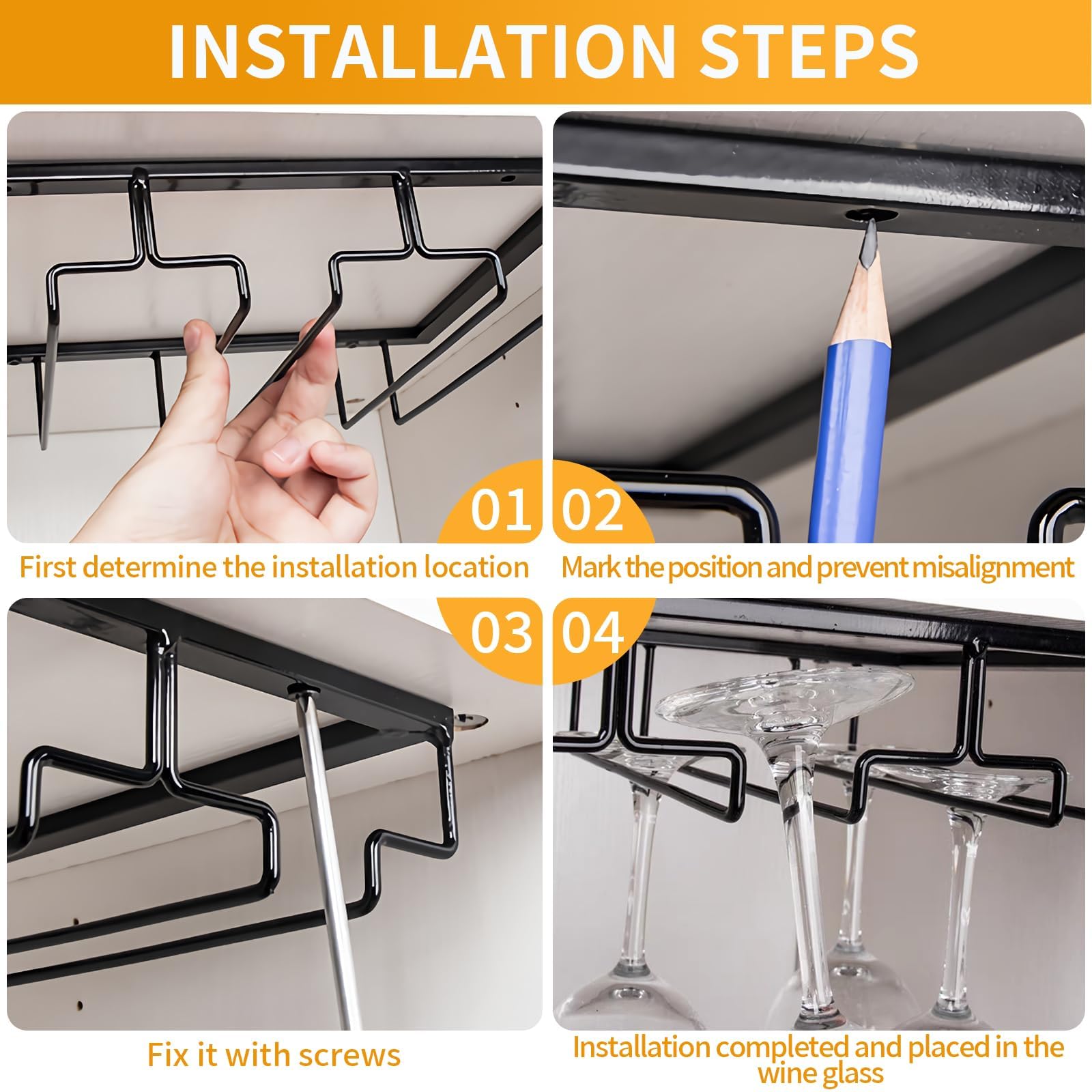 4 Rangs Support pour Verre à Vin en Métal 2 Pièces Suspendu Sous Armoire Avec Vis pour Home Bar Cuisine Restaurant Café - Maison