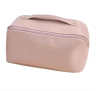 شنطة مستحضرات تجميل من جلد البولي يوريثين - تخزين مكياج متعدد الوظائف للسفر مع مقبض ومقسم، مثالية للنساء اللواتي يبحثن عن الاسلوب والتنظيم (بينك)