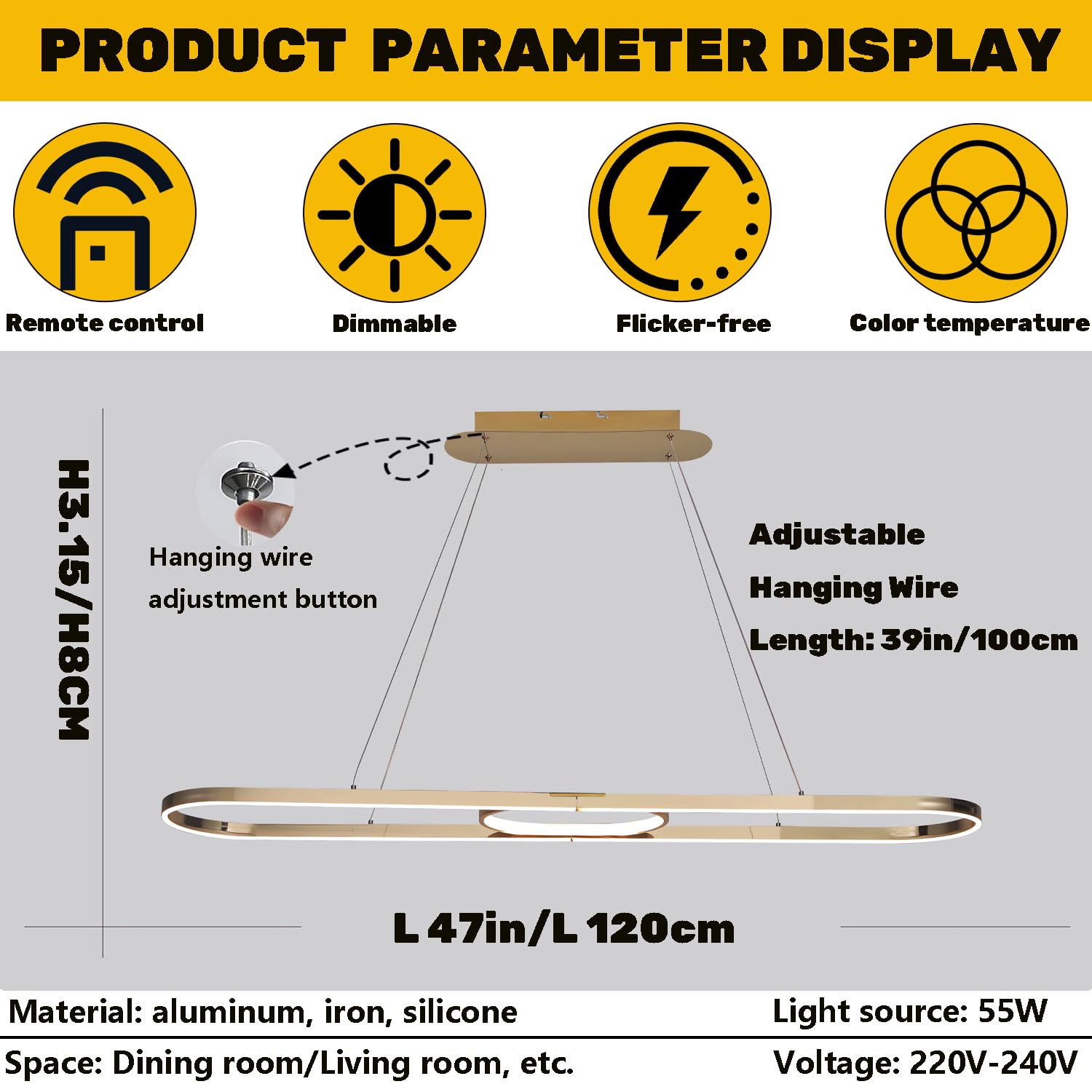 Moderne Chrom LED-Pendelleuchte,dimmbare lineare Esstisch-Kronleuchte 75W 3000K-6000K,ferngesteuerte verstellbare Luxus-Oval-Aluminium-Leuchte,Hängelampe für Kücheninsel,Esszimmer Büro (Gold, L120cm)