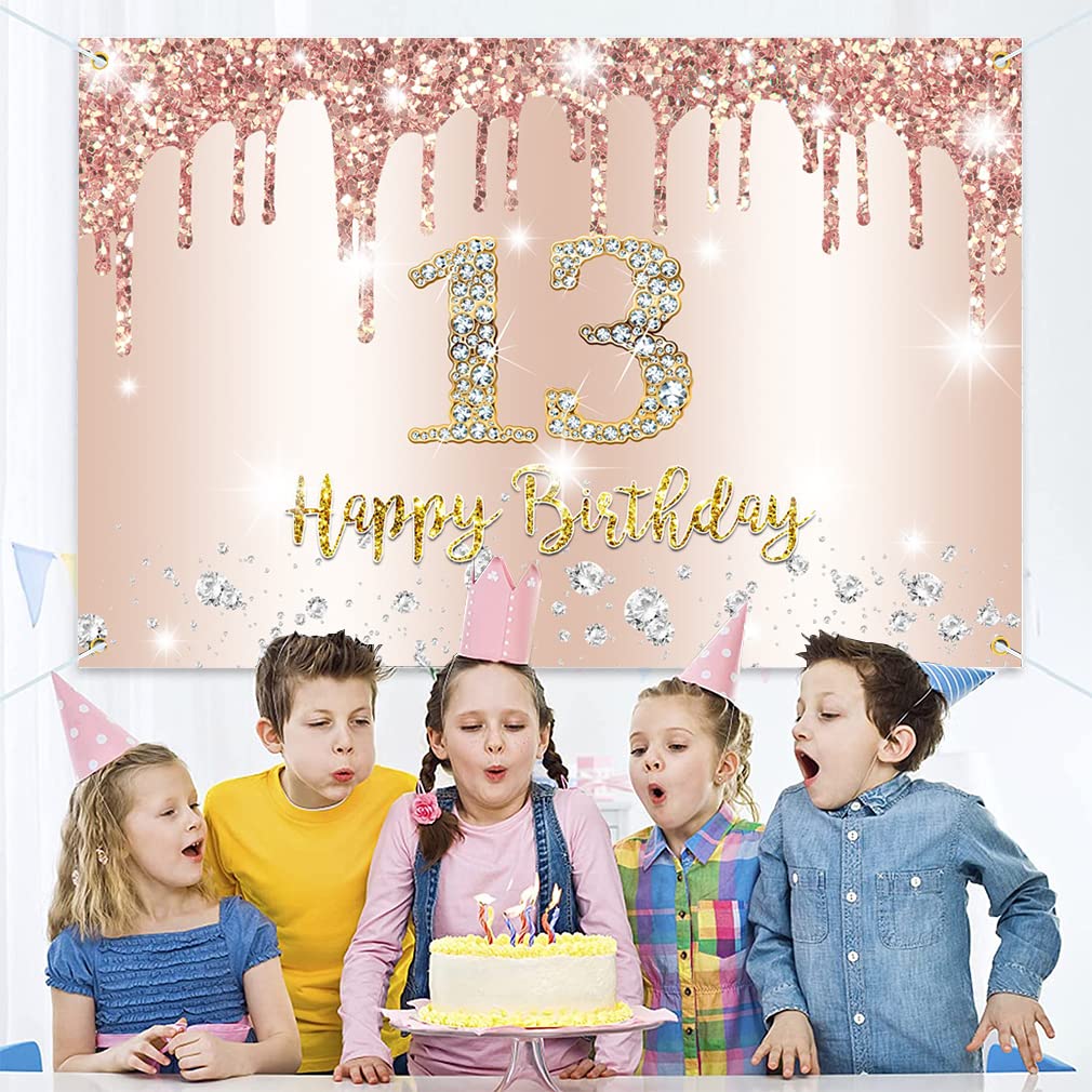 Striscione Per 13° Compleanno Ragazza - Poster In Tessuto Oro Rosa 120x80 Cm Con Scritta "Alles Gute Zum Geburtstag"