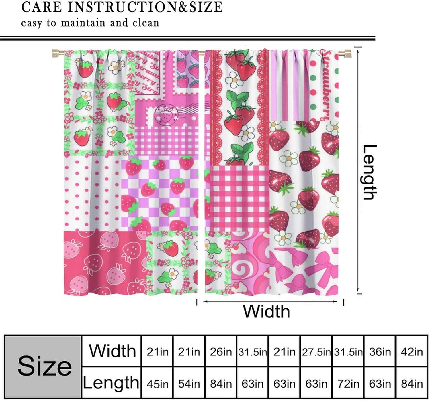 Pink Strawberry Decor Window Curtain, Floral Bow Curtain Sweet Girl Aesthetic for Home Kitchen Restaurant Decoration Window Curtain 2Panel 42" W X 54" L