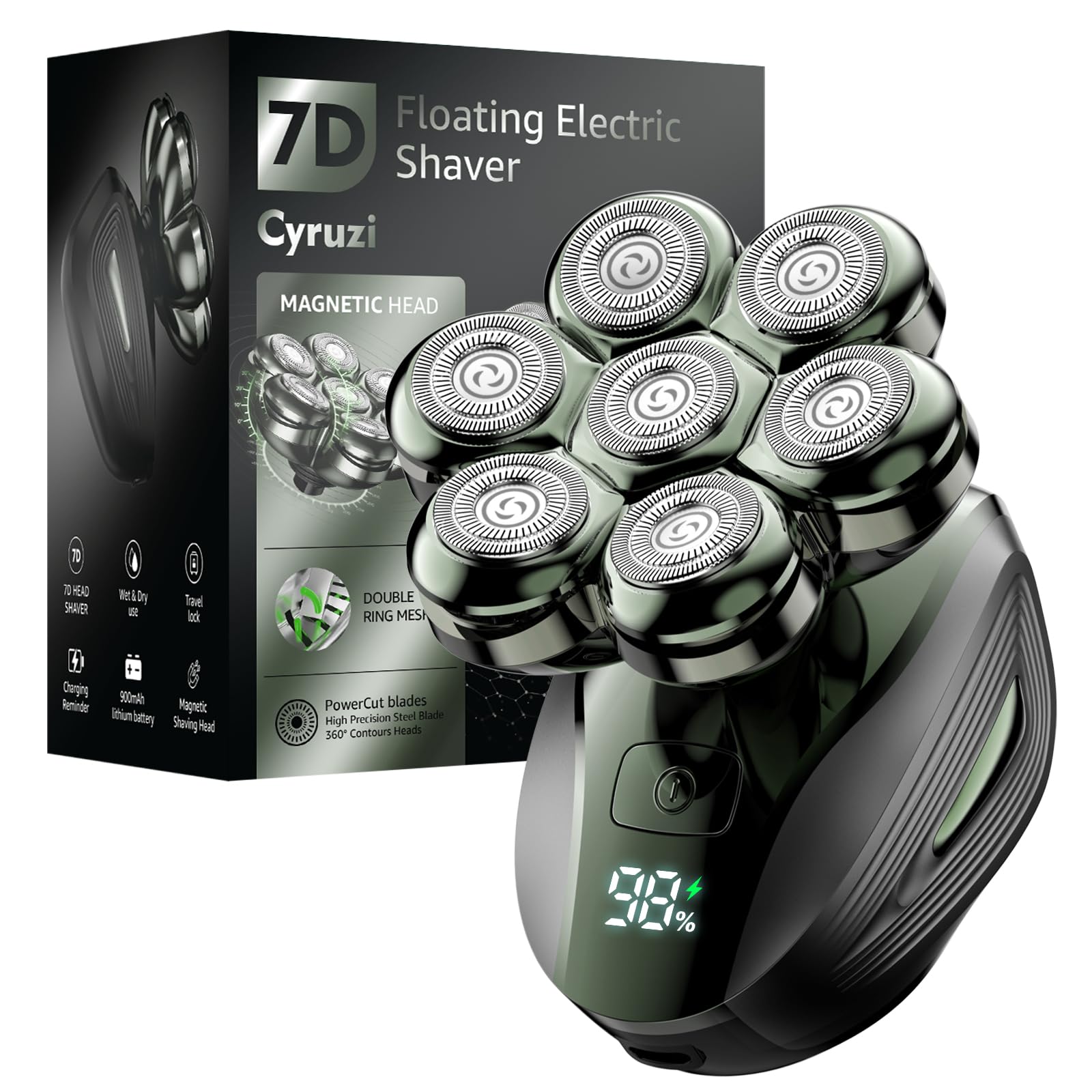 Head Shavers for Bald Men: Upgraded Detachable Head Shaver - IPX7 Waterproof Wet or Dry Electric Razor for Men - 7D LED Display Rechargeable Shaving Grooming Kit with Type-C Charge (Dark Green)