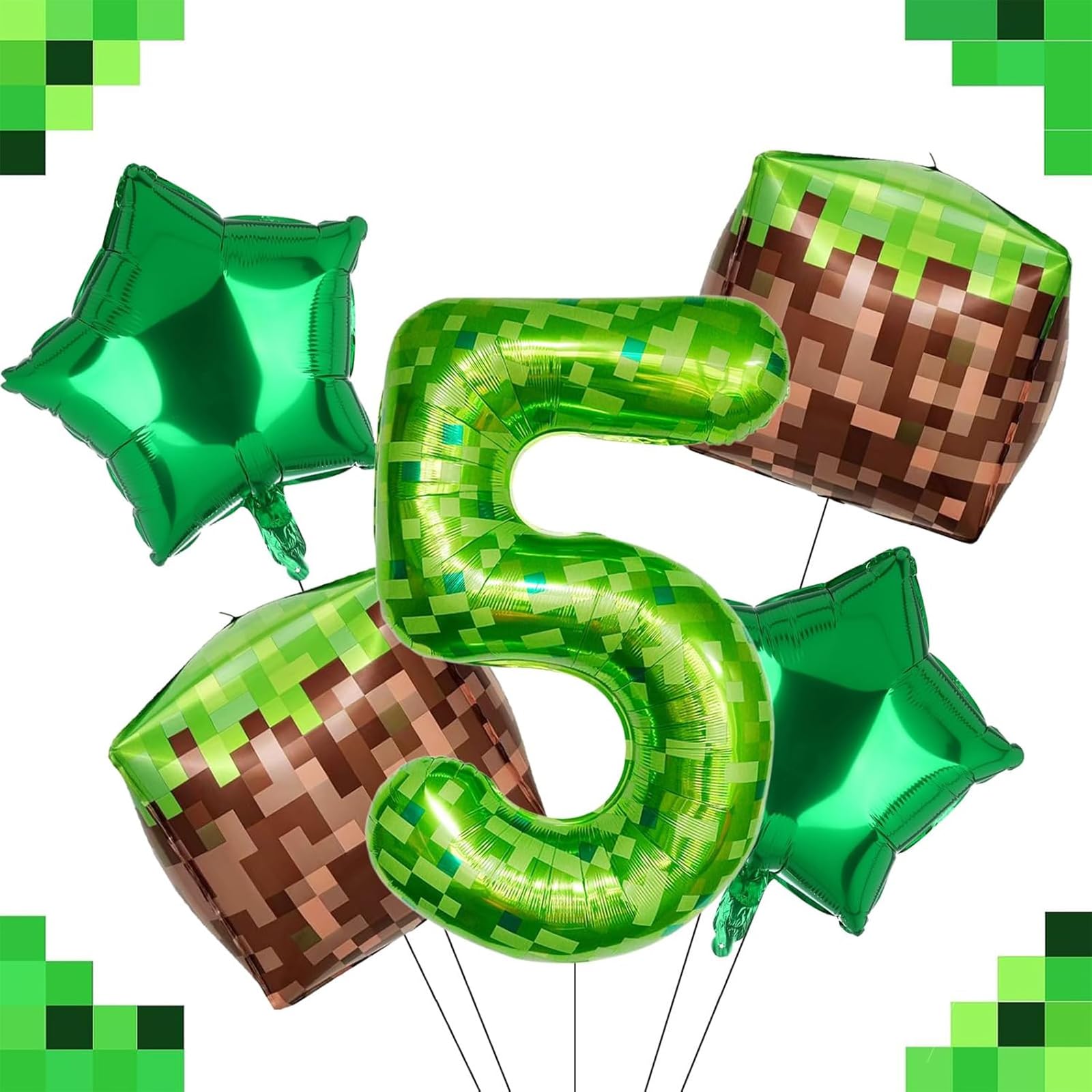 Ovanda Luftballon 5, Luftballons Geburtstag 5, Pixelmotiv Riesige Grüne Pixel Miner Thema Zahlenballon, Grasblöcke Luftballon, 5 Stück 100 CM XXL Folienballon 5, Geburtstagsdeko 5 Jahre Junge