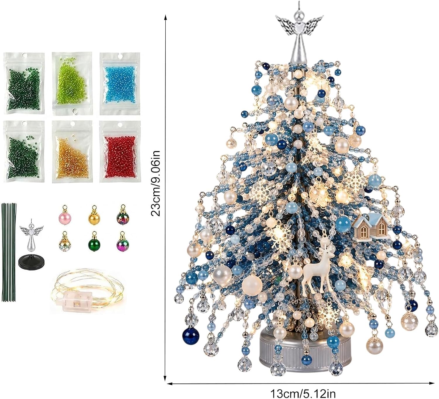 2027 Upgraded DIY Beaded Christmas Tree Kit with Lights, Handmade Mini Desk Xmas Bead Art, 3D Crystal Bead Christmas Tree Making Kit, Tabletop Christmas Decoration, Christmas Gift for Family, Blue